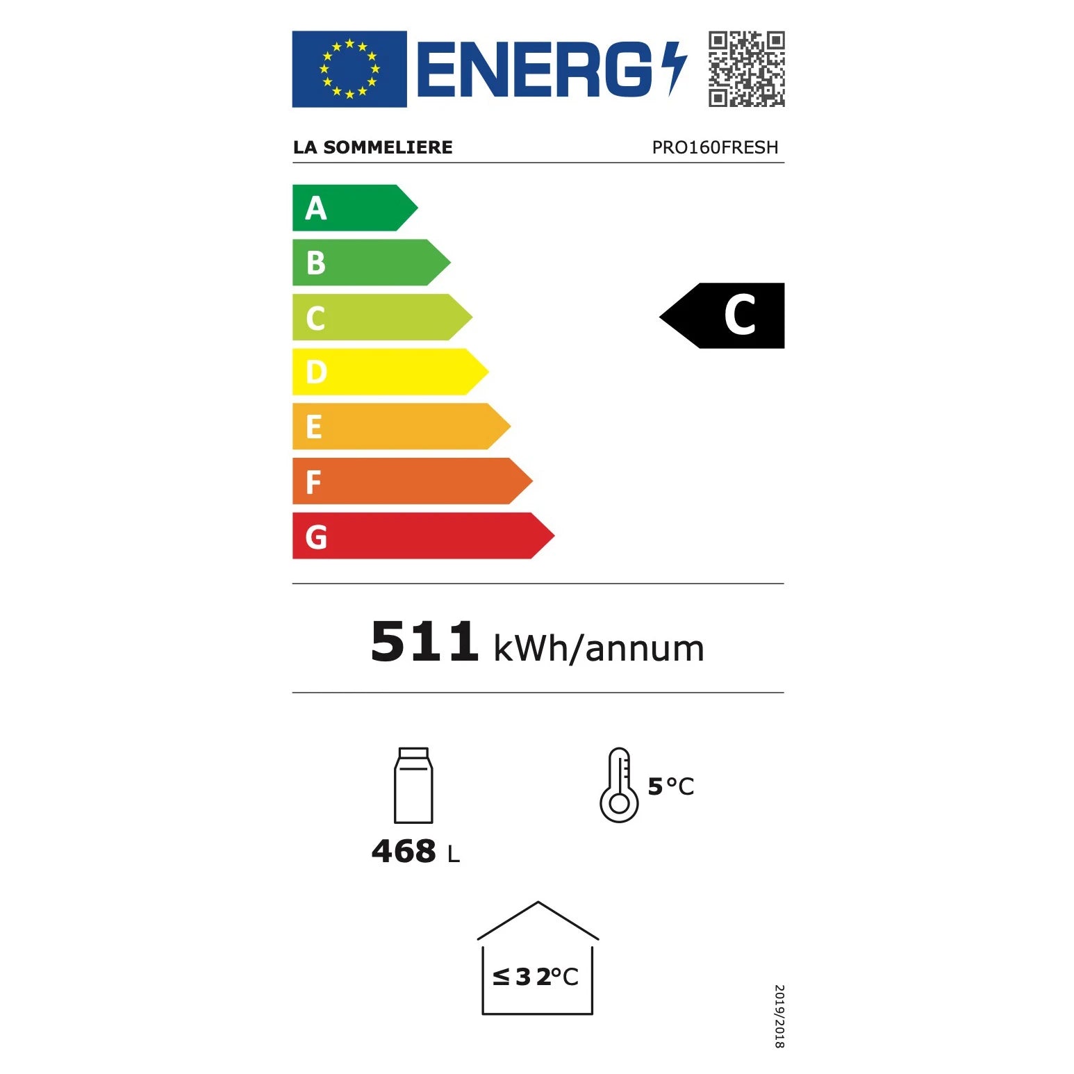 Etiqueta energética de la vinoteca La Sommelière PRO160FRESH (152 botellas), clasificación C, consumo anual 511 kWh y capacidad de 468 L.