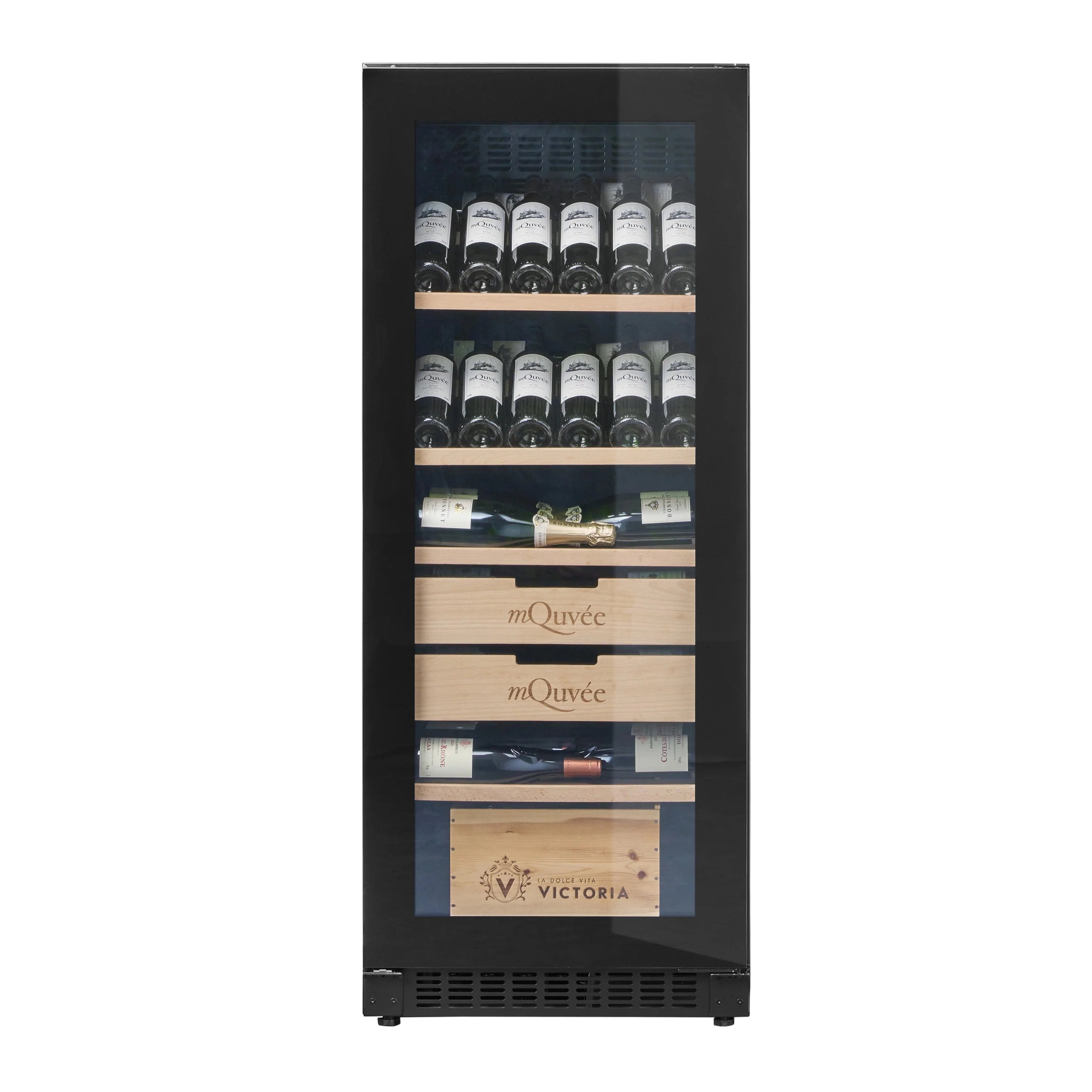 Vinoteca mQuvée VELVET 100 Premium Package de diseño vertical con puerta de vidrio, capacidad para 154 botellas distribuidas en estantes de madera, con cajas visibles marcadas con los logotipos “mQuvée” y “Victoria”.
