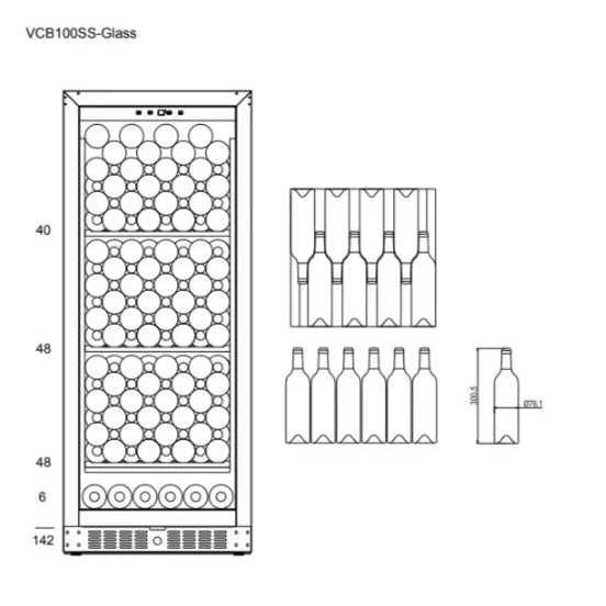 Diagrama técnico de la Vinoteca 154 botellas mQuvée VELVET 100 Premium Package mostrando distribución interna para almacenamiento de botellas, incluyendo medidas de referencia y capacidad para diferentes formatos, con disposición en filas apiladas.