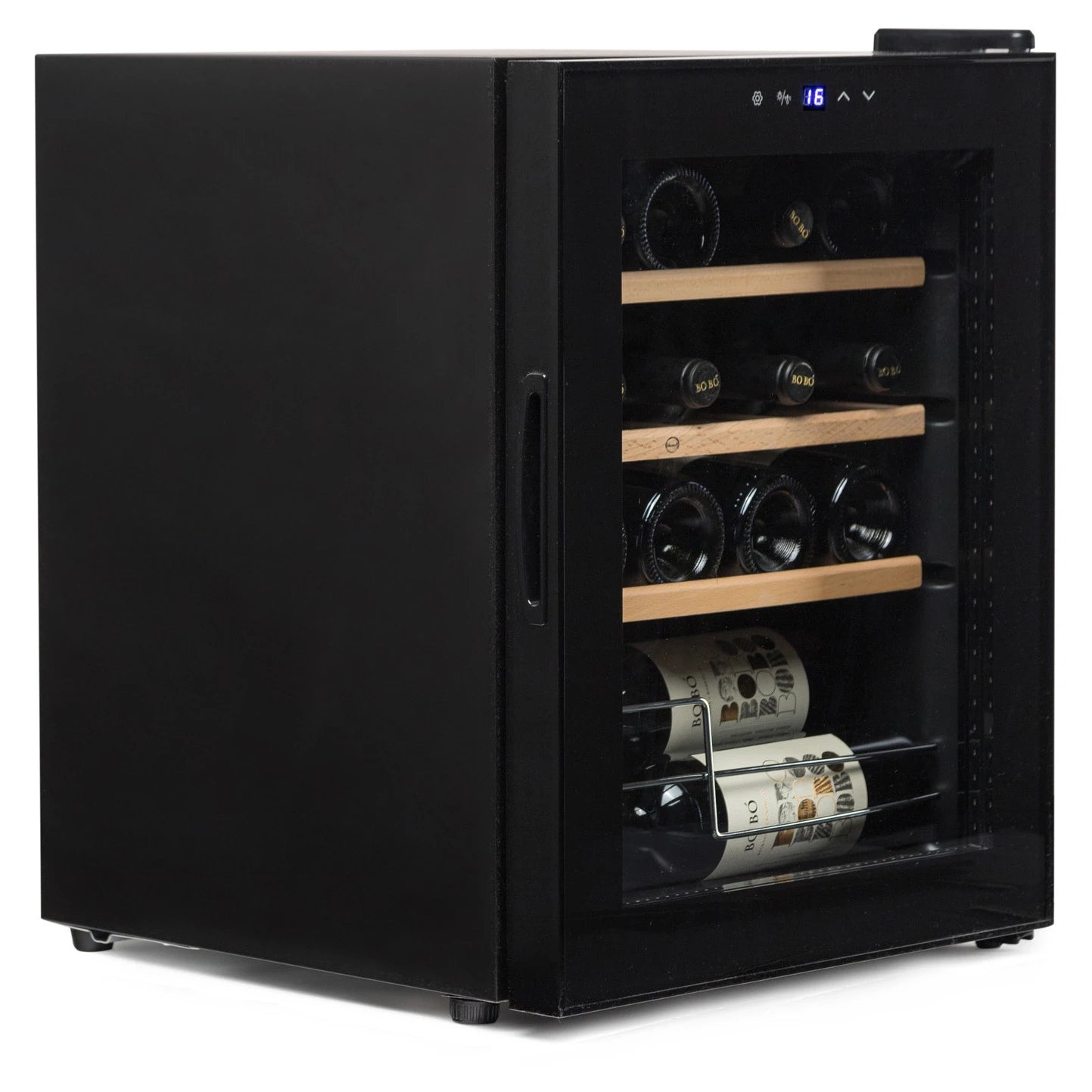Interior de la vinoteca Vinobox V16 Pro con tres bandejas de madera para 16 botellas.