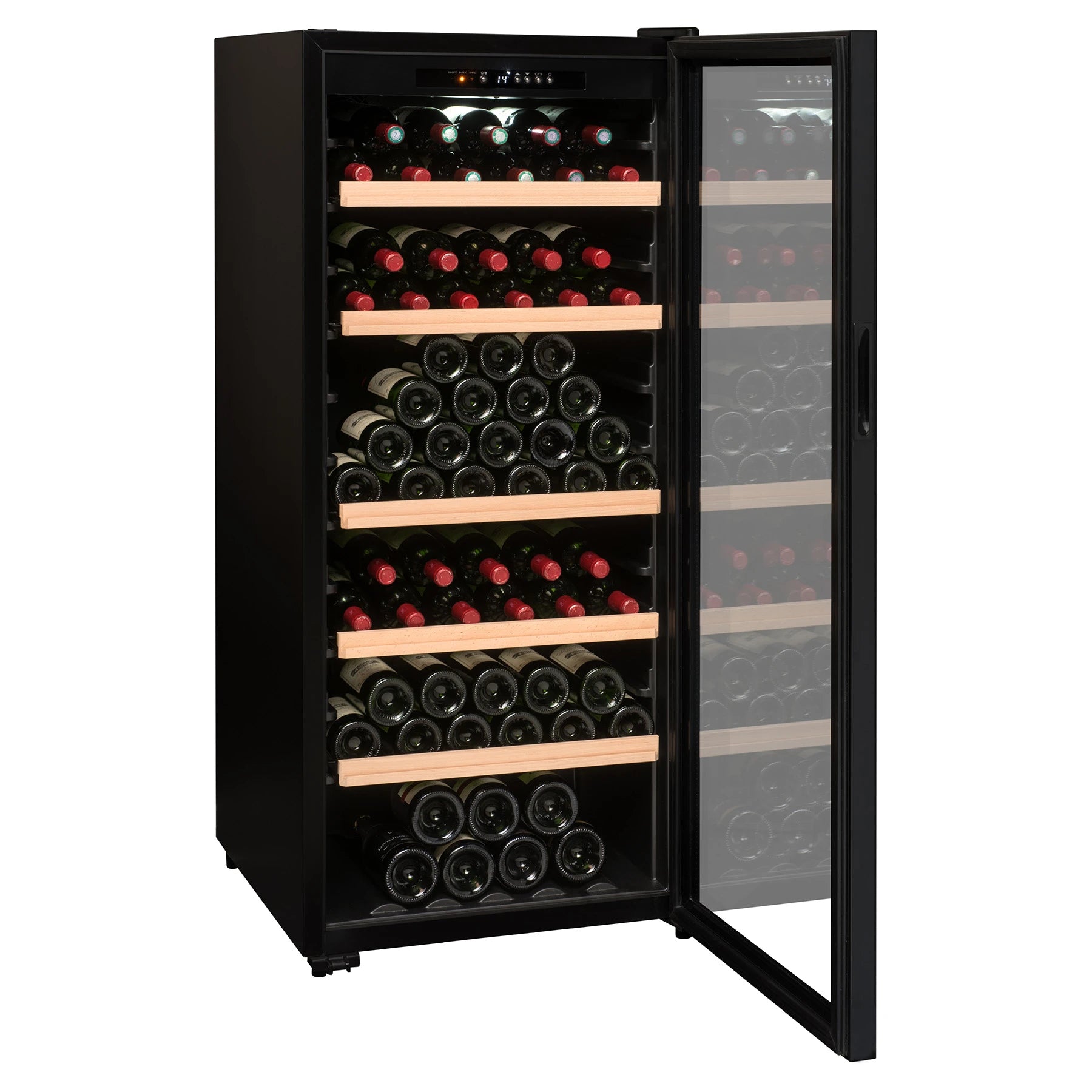 Vinoteca La Sommelière CTV178 con puerta abierta y estantes de madera repletos de botellas de vino tinto