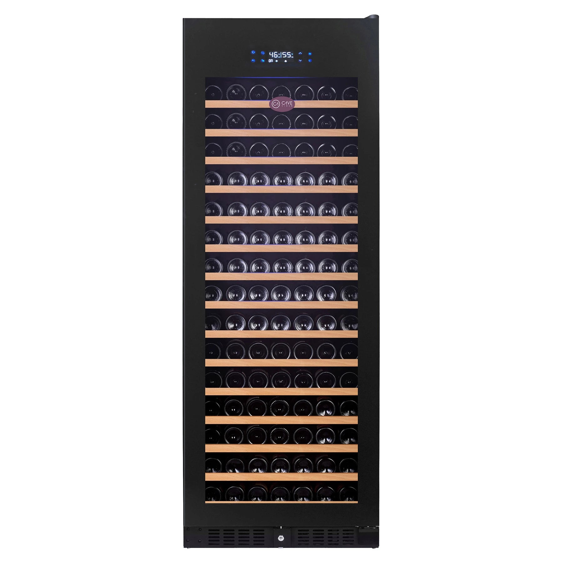 Vinoteca Cave Vinum CV-166-BL PREMIUM de 166 botellas, encastrable de suelo, vista frontal del modelo negro.
