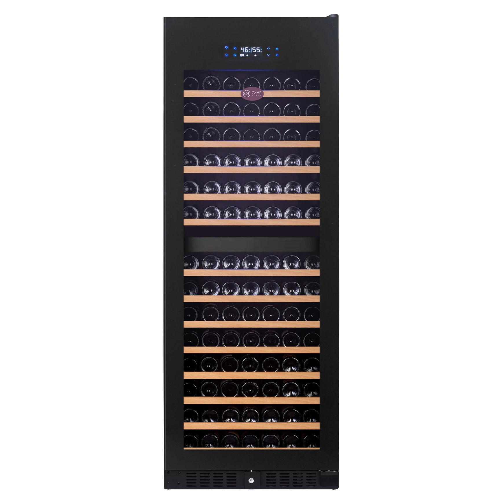 Vinoteca Cave Vinum CV166-BL-2T PREMIUM de 166 botellas, doble zona, encastrable de suelo, vista frontal.