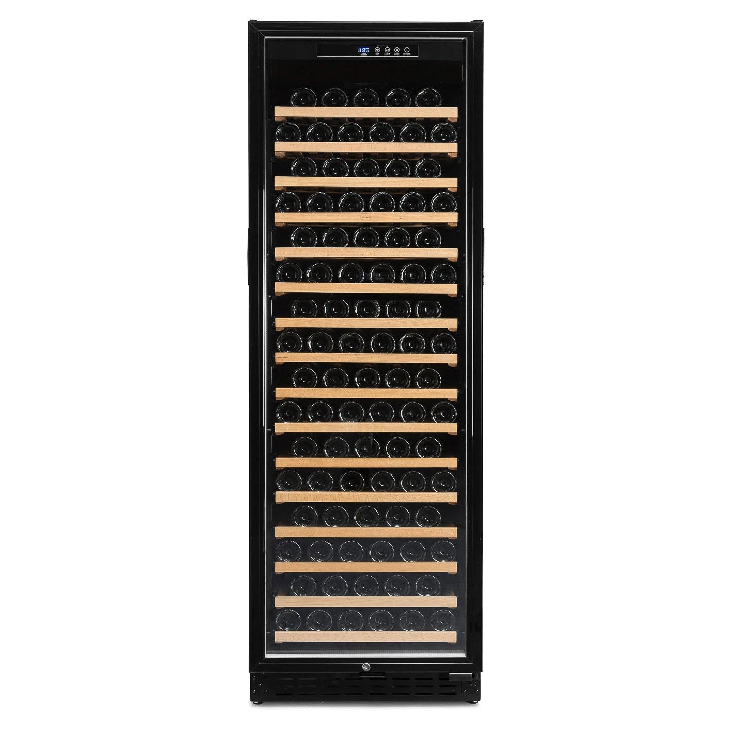 Vista frontal de la vinoteca Vinobox 168GC 1T en color negro, con puerta de vidrio cerrada, 166 botellas distribuidas en estantes de madera y panel digital superior.