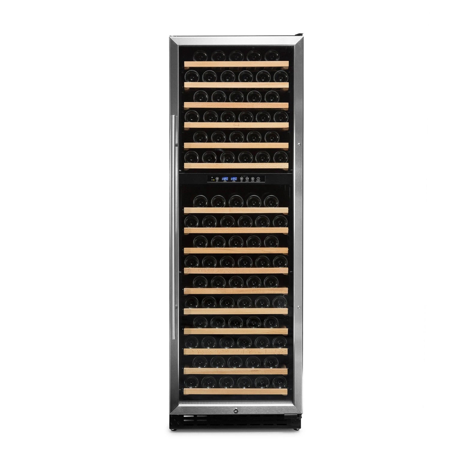 Vinoteca Vinobox 168GC 2T Inox de 166 botellas, doble zona, acabado negro con marco de acero inoxidable, puerta de vidrio cerrada y estantes de madera con botellas almacenadas horizontalmente.