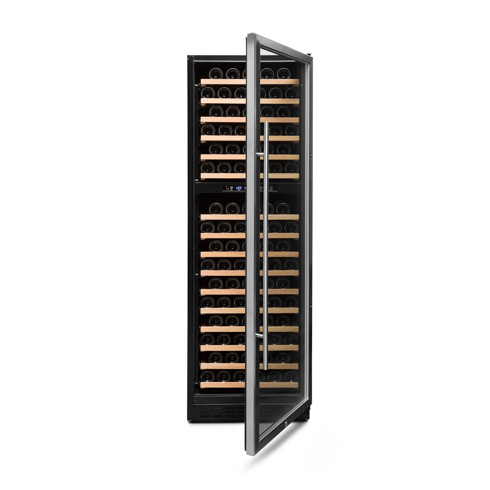 Vinoteca Vinobox 168GC 2T Inox de 166 botellas con doble zona, acabado negro y marco en acero inoxidable, puerta de vidrio abierta y estantes de madera con botellas almacenadas horizontalmente.