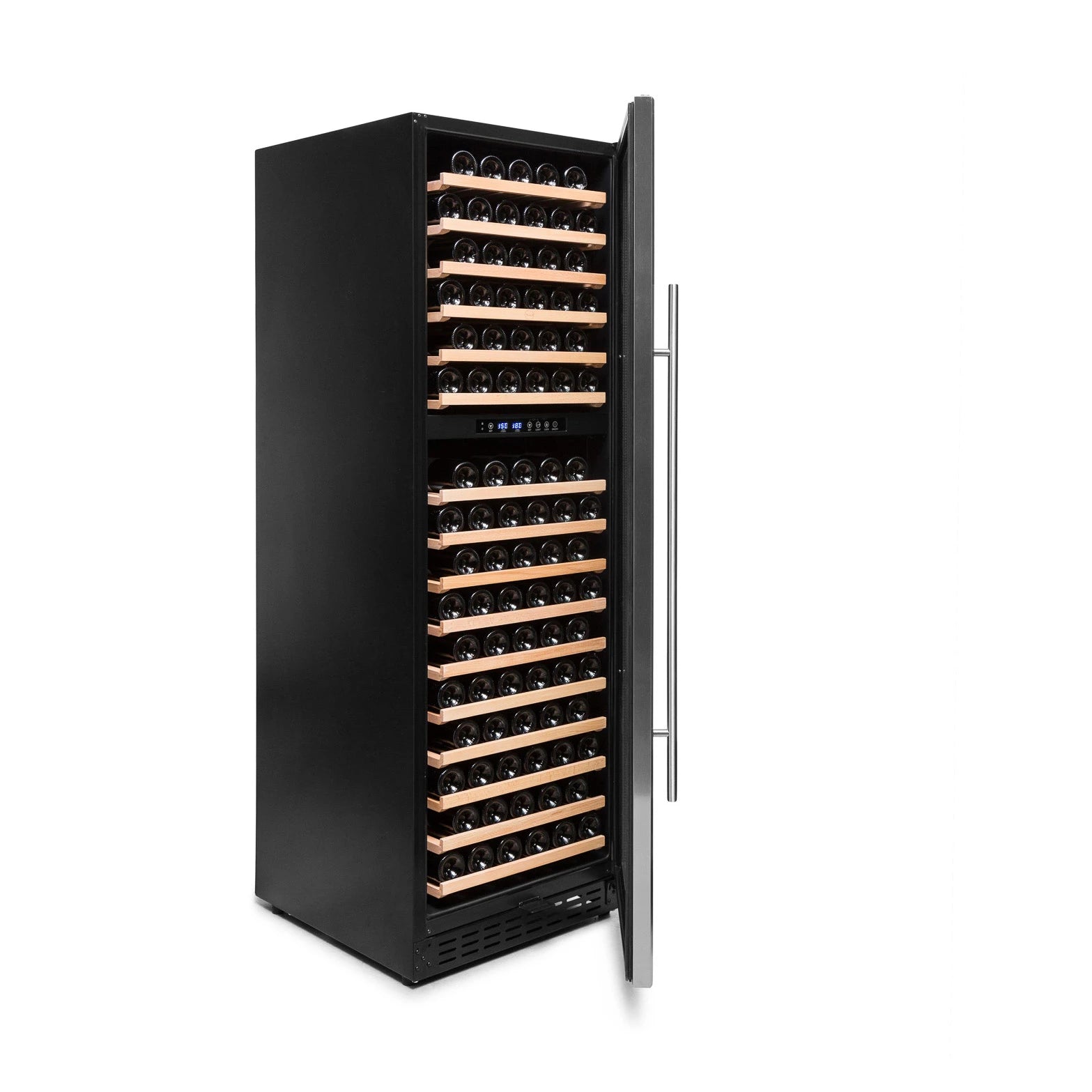 Vinoteca Vinobox 168GC 2T Inox de doble zona con capacidad para 166 botellas, acabado en acero inoxidable, puerta abierta y estantes de madera con botellas de vino organizadas en su interior.