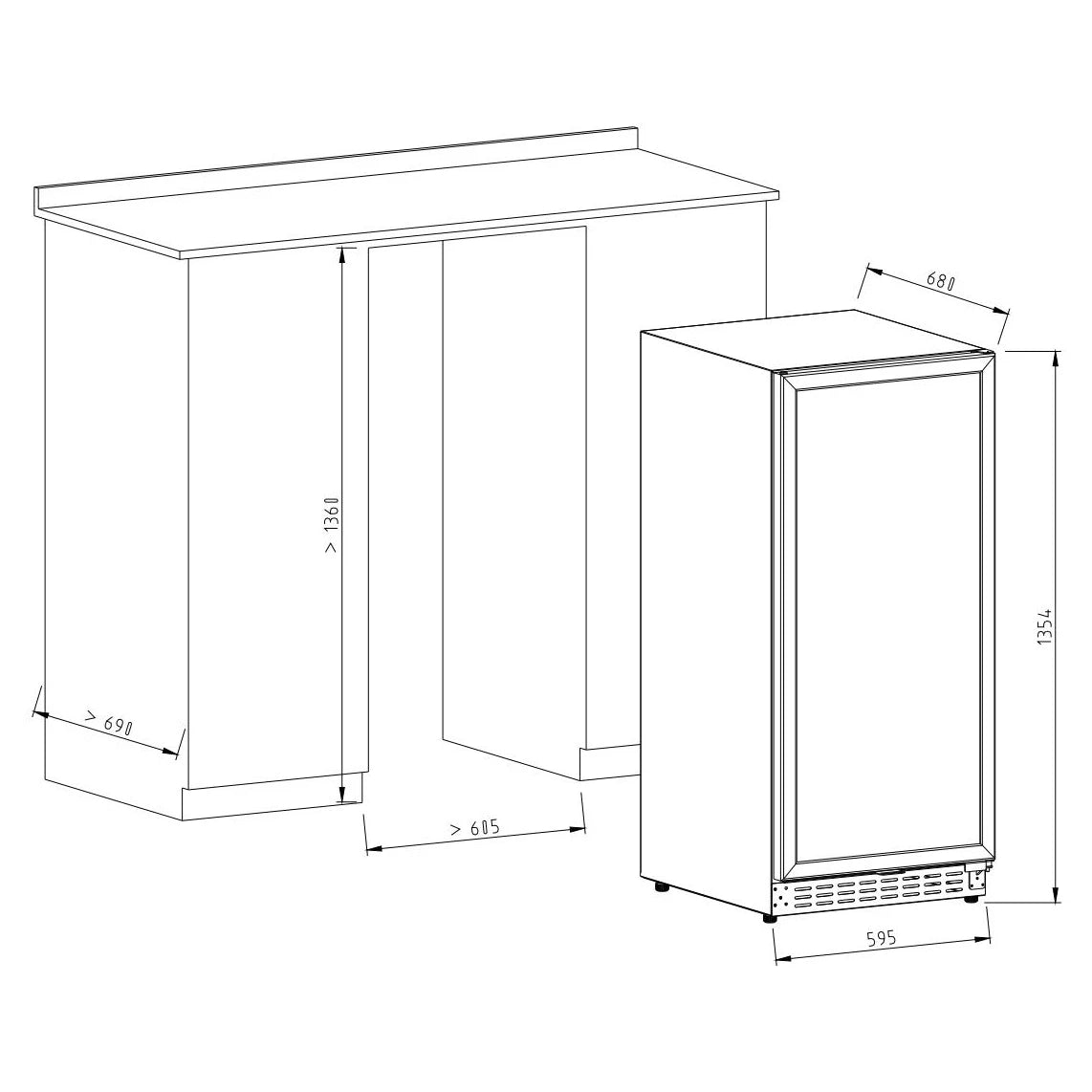 Dibujo técnico de instalación de la vinoteca Vinobox 168GC 2T Inox con indicación de medidas del mueble y del aparato: 1354 mm de alto, 595 mm de ancho y 681 mm de fondo.