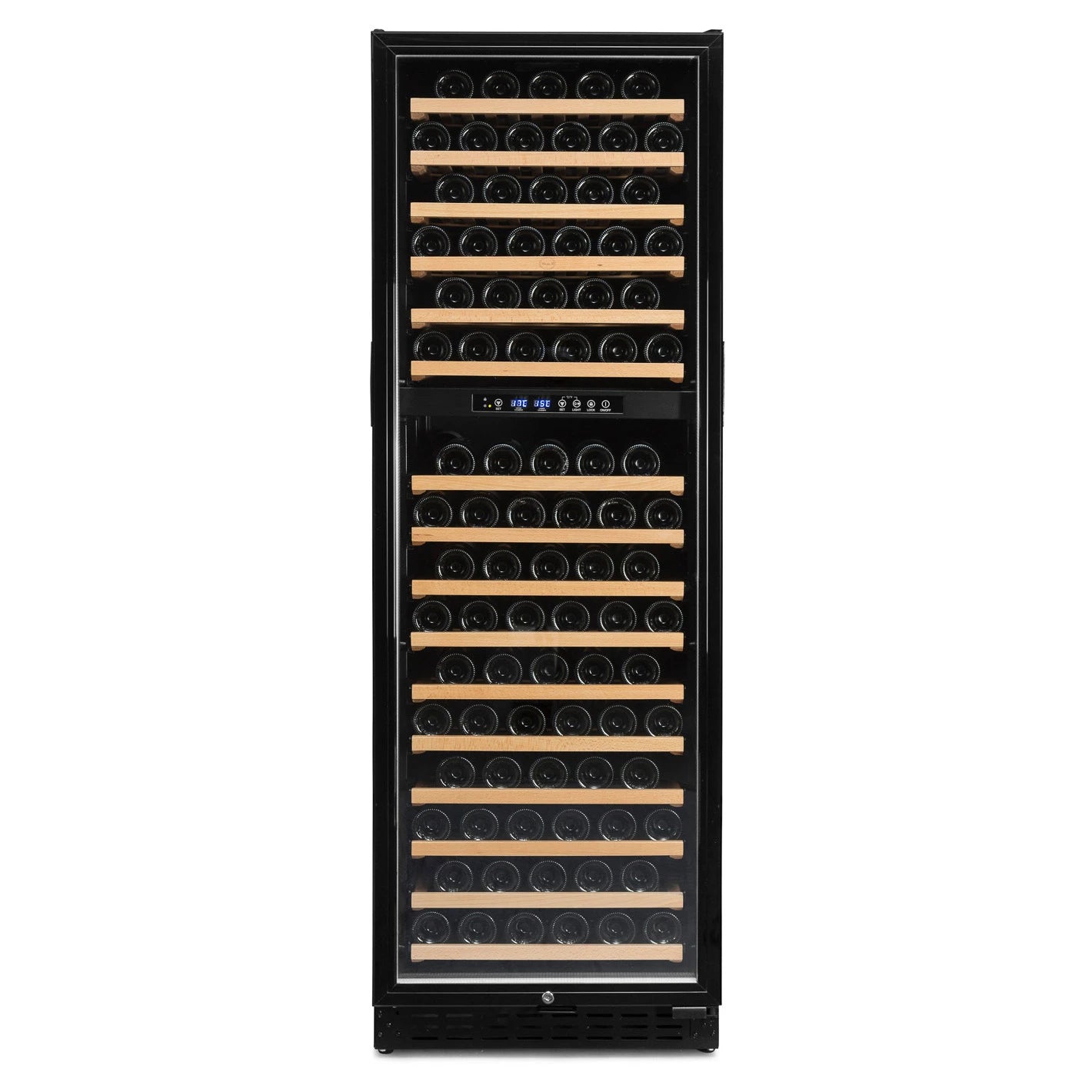 Vinoteca negra de doble zona con capacidad para 166 botellas, estantes de madera y puerta de vidrio cerrada.
