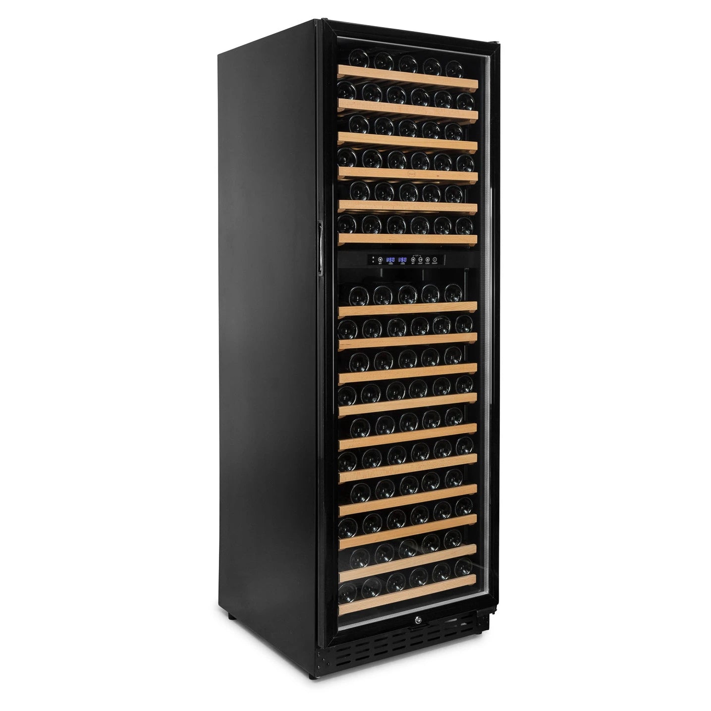 Vinoteca negra de doble zona con capacidad para 166 botellas, estantes de madera y puerta de vidrio cerrada.
