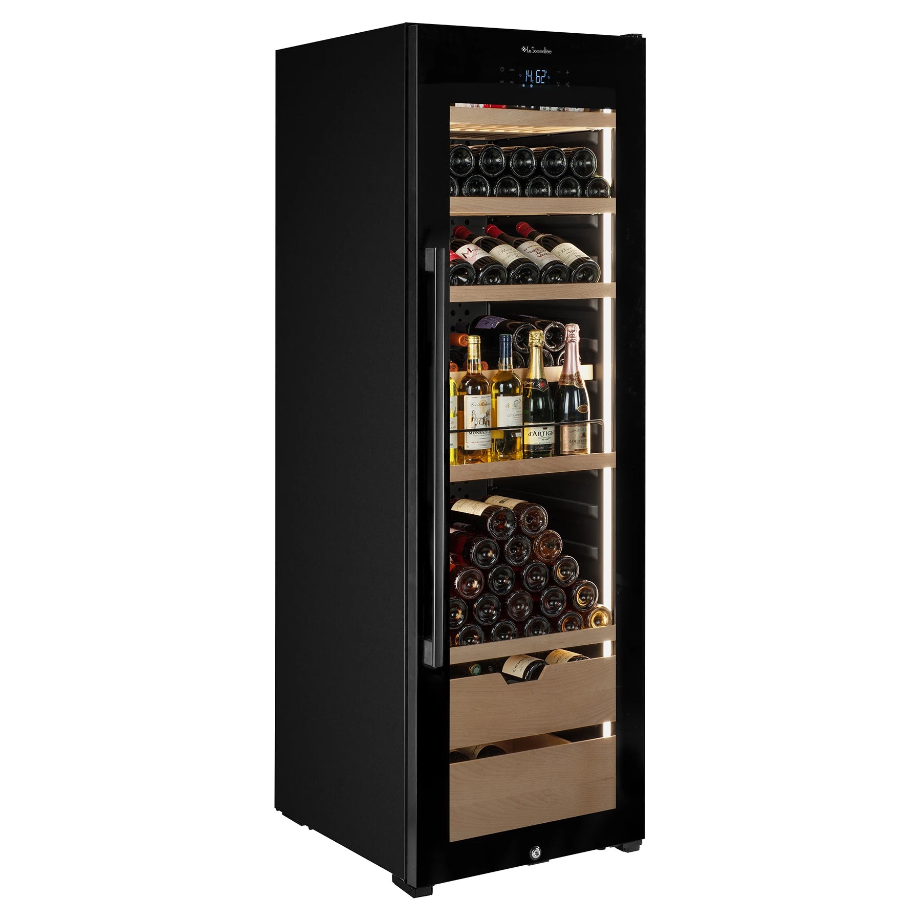 Vinoteca La Sommelière VIP177 Edition vista lateral derecha con puerta de cristal y botellas de vino en estantes de madera iluminados