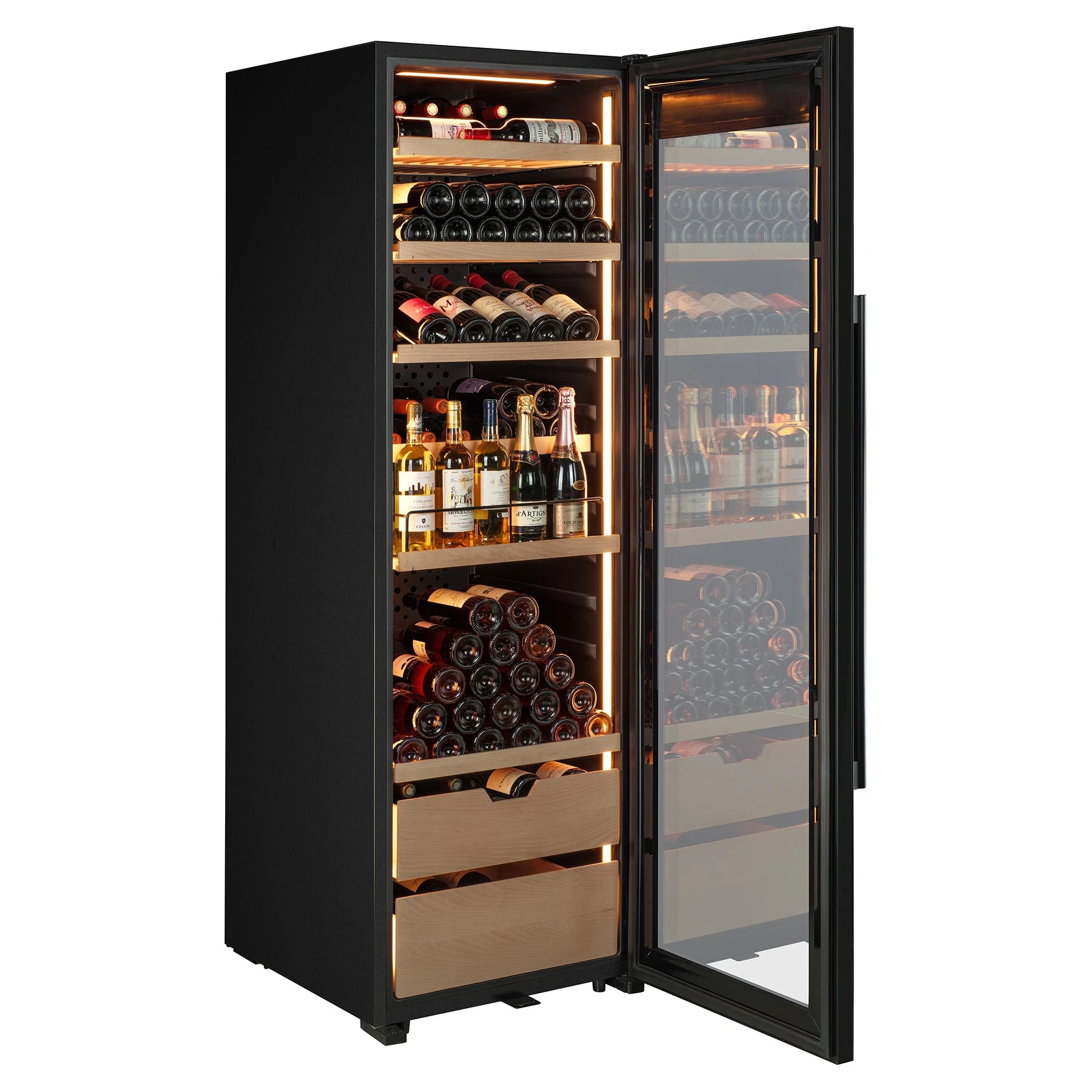 Vinoteca La Sommelière VIP177 Edition puerta abierta a la derecha, vista frontal con interior cargado de vinos tintos y blancos en estantes iluminados