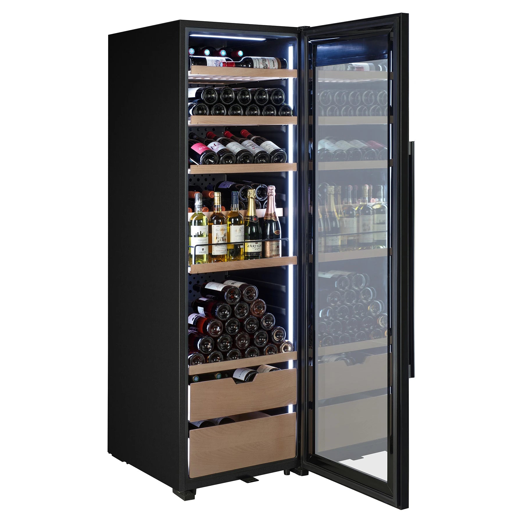 Vinoteca La Sommelière VIP177 Edition puerta abierta con iluminación LED blanca superior, vinos tintos y blancos en estantes y cajones de madera