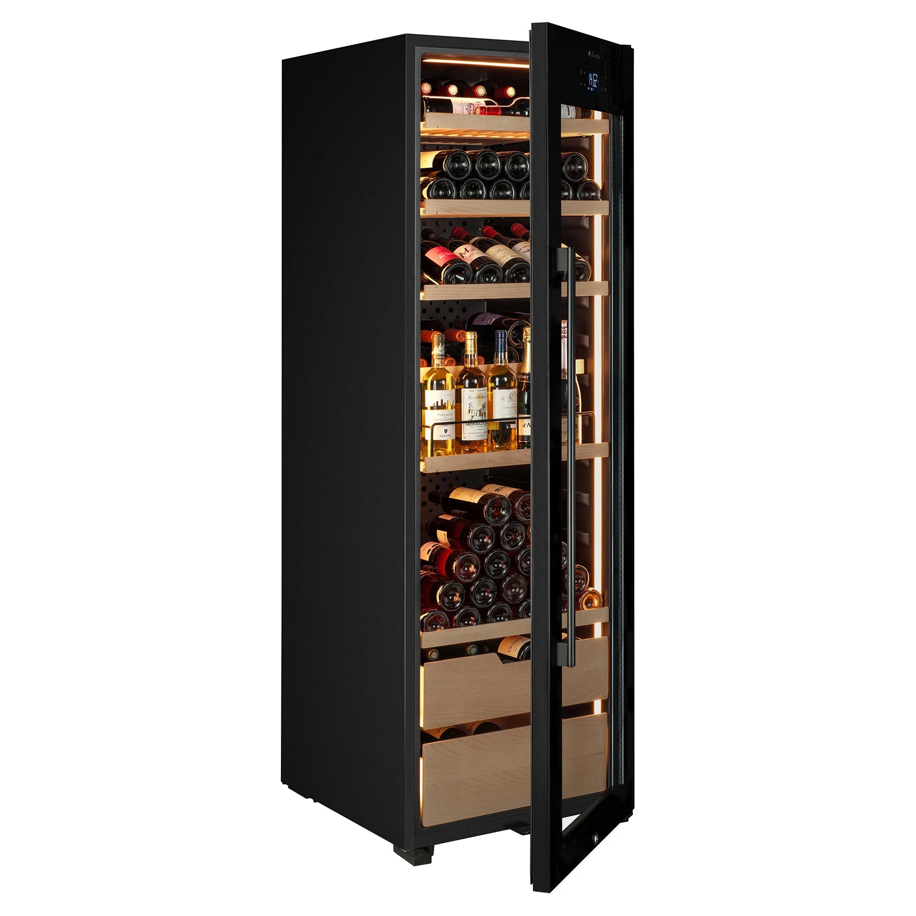Vinoteca La Sommelière VIP177 Edition vista lateral izquierda con puerta entreabierta, interior iluminado con botellas de vino en estantes de madera