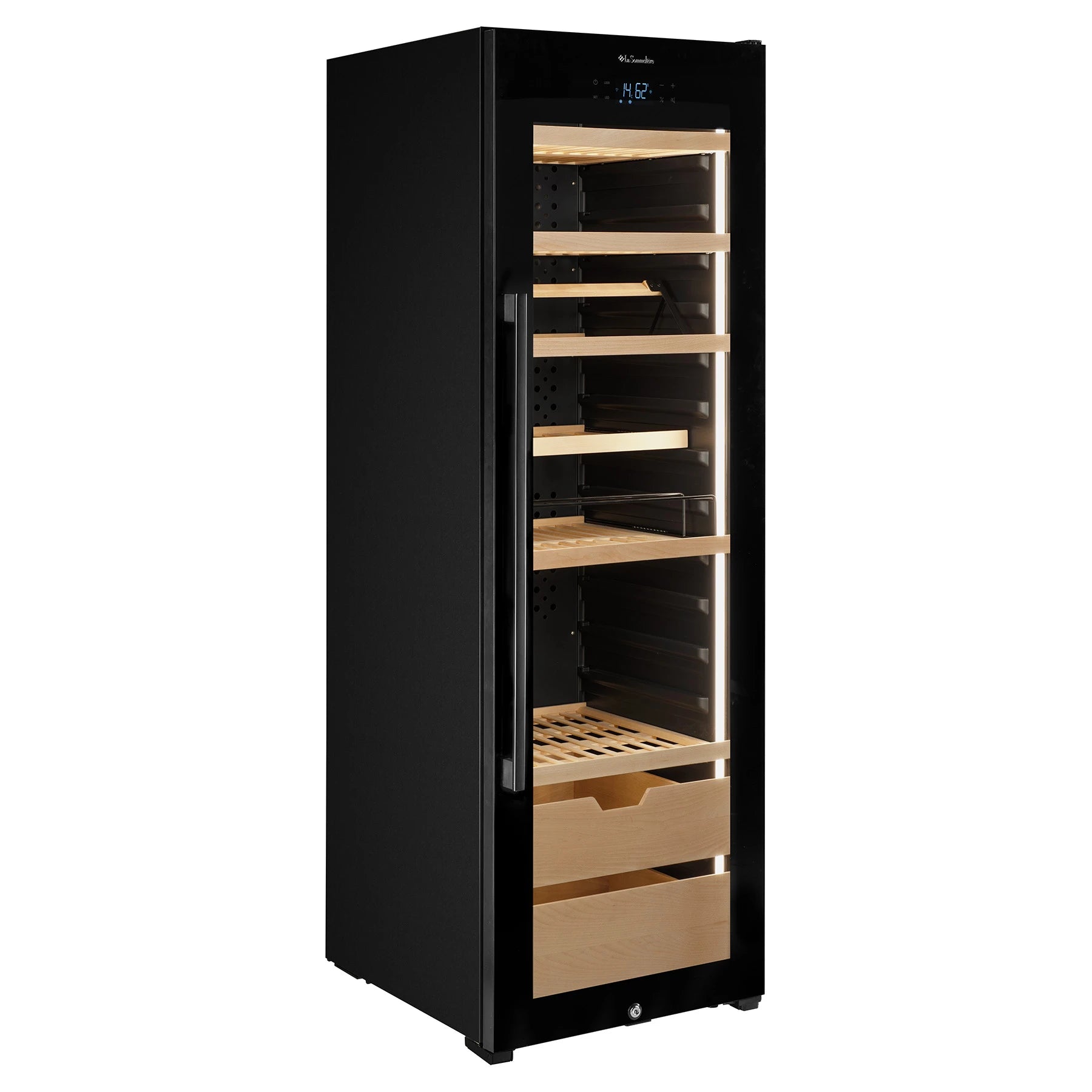 Vinoteca La Sommelière VIP177 Edition interior vacío con estantes de madera extraíbles en posición extendida y cajones inferiores visibles