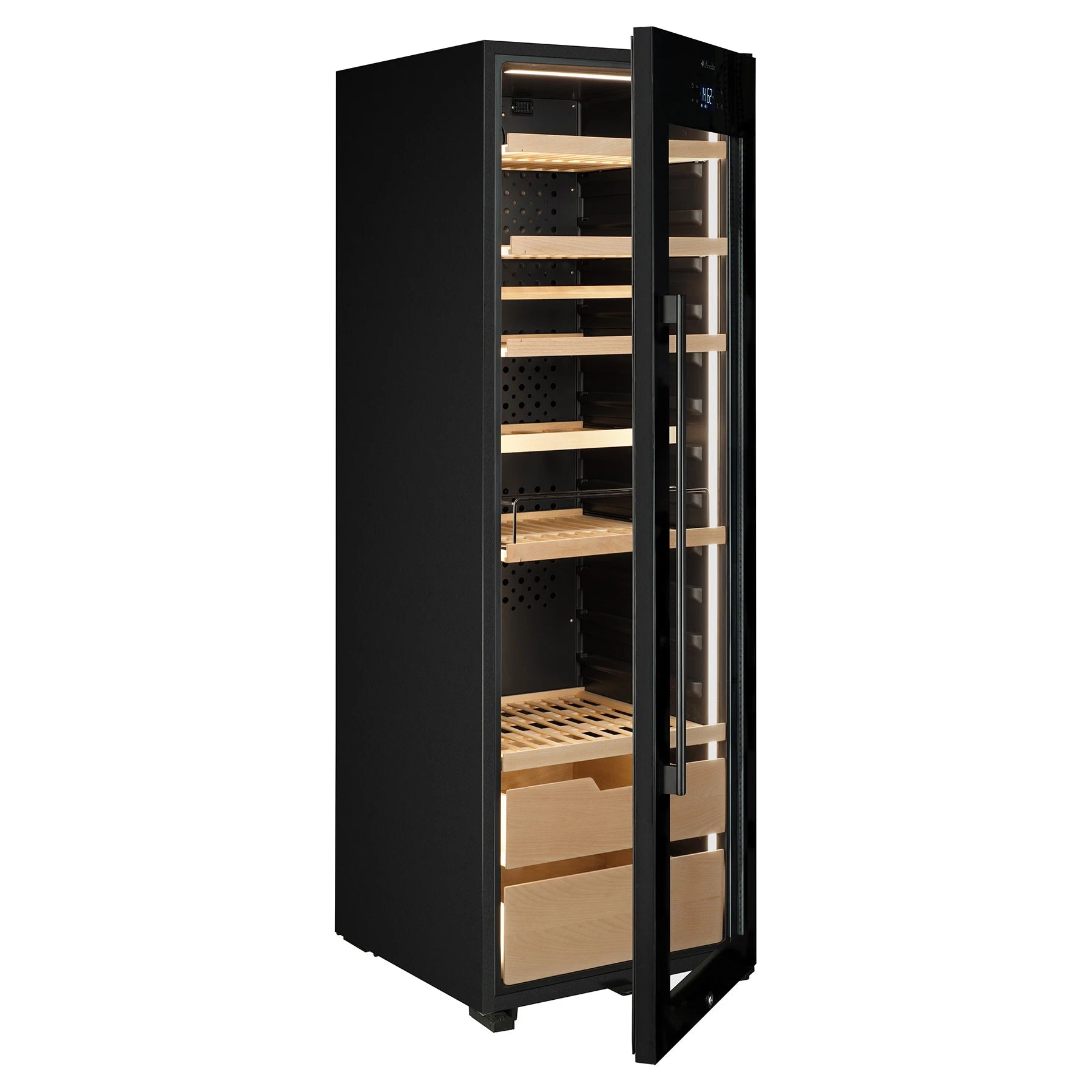 Vinoteca La Sommelière VIP177 Edition vista lateral con puerta entreabierta, estantes de madera modulares vacíos e interior iluminado con LED