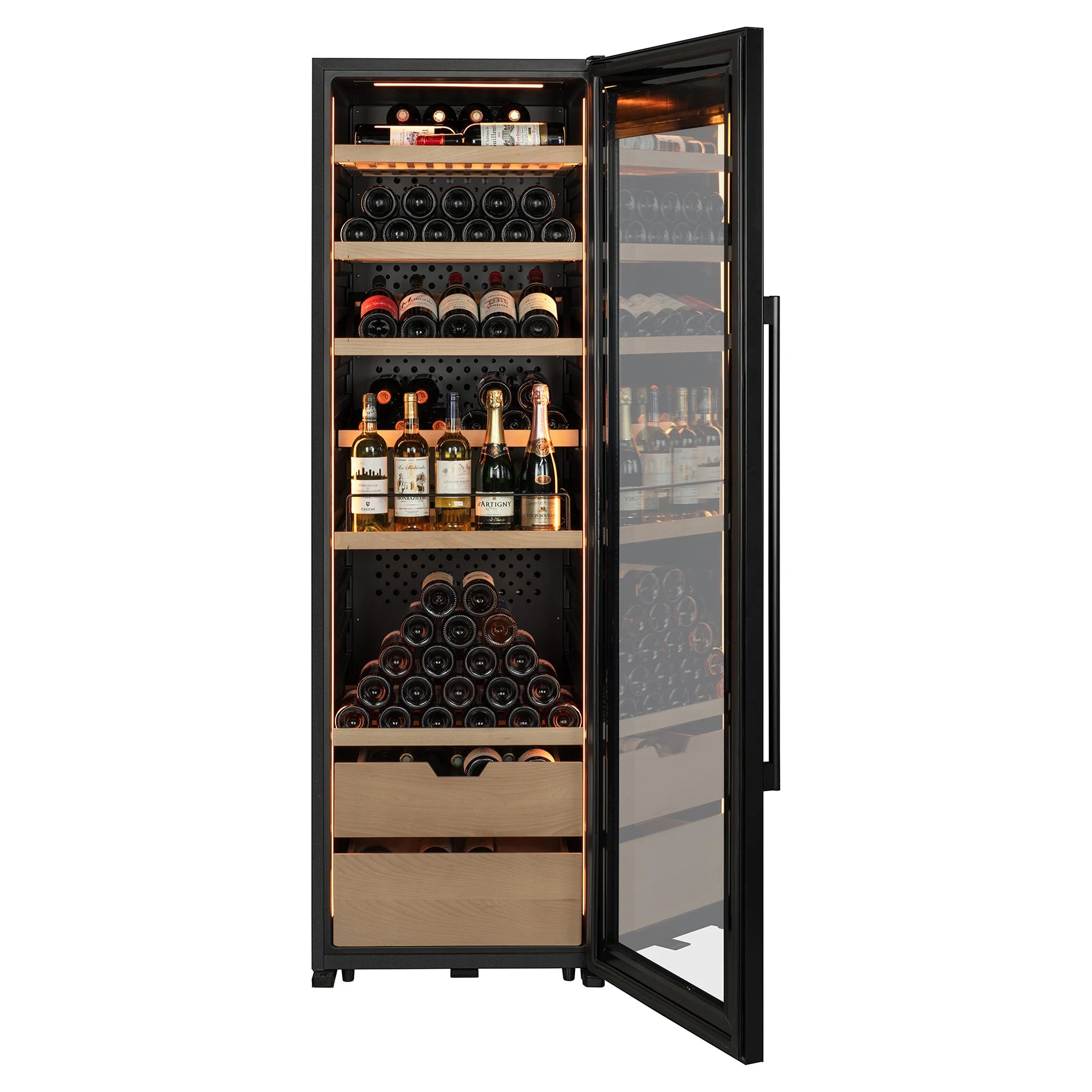 Vinoteca La Sommelière VIP177 Edition con puerta abierta, interior iluminado con estantes de madera y botellas de vino y champán organizadas