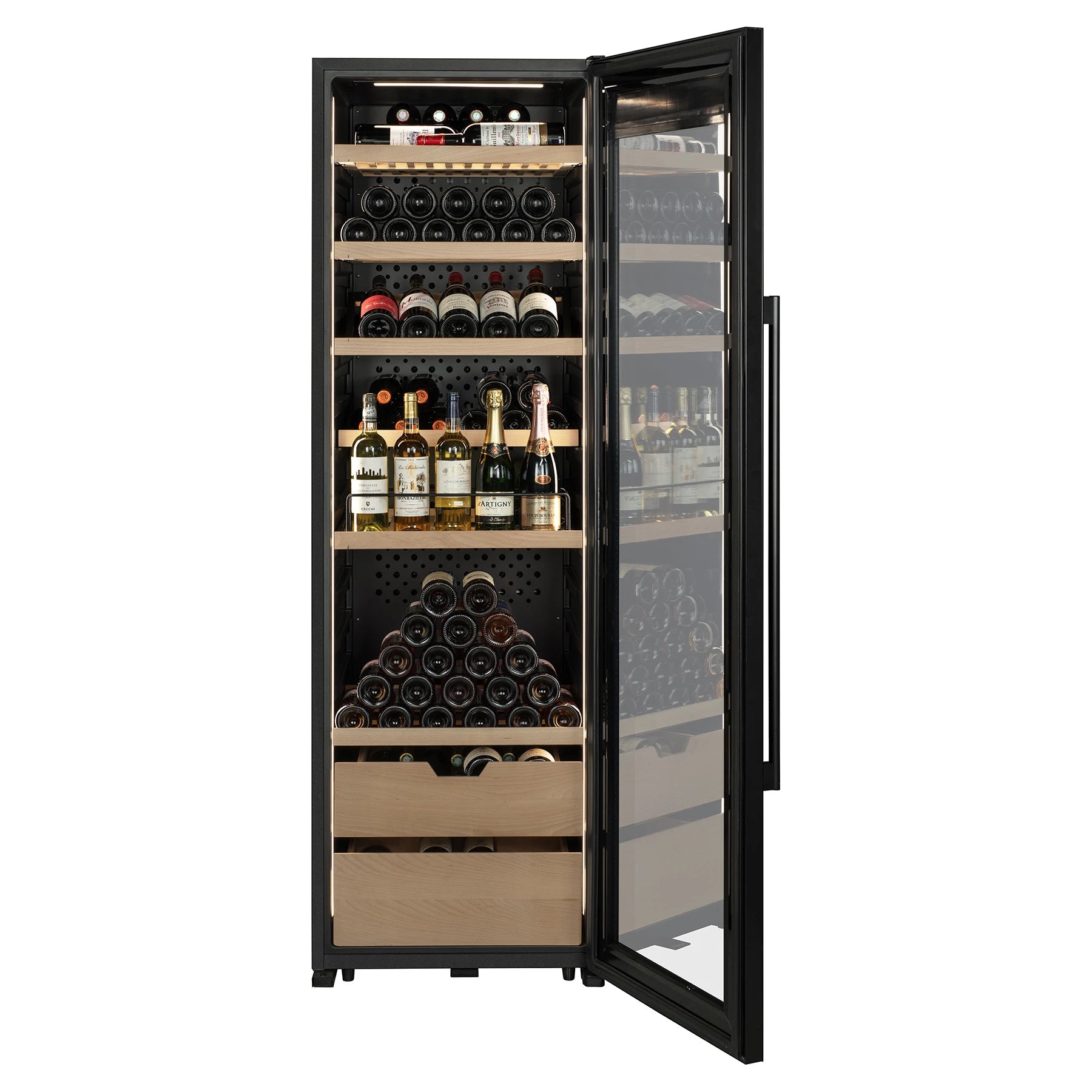 Vinoteca La Sommelière VIP177 Edition vista frontal con puerta abierta, estantes de madera con vino tinto, blanco, champán y cajones inferiores