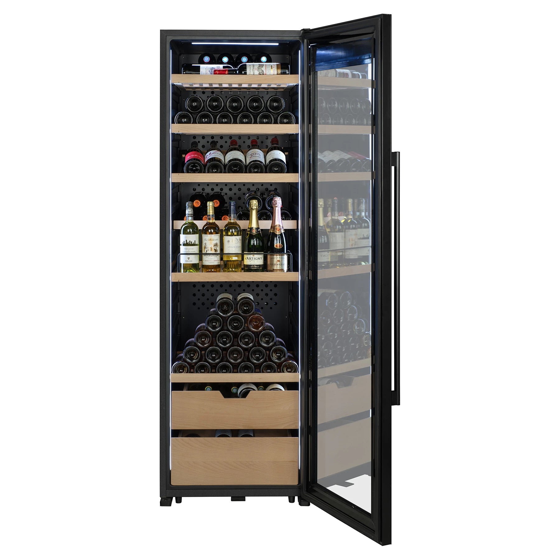 Vinoteca La Sommelière VIP177 Edition puerta abierta con iluminación LED, estantes de madera cargados con botellas de vino tinto, blanco y champán