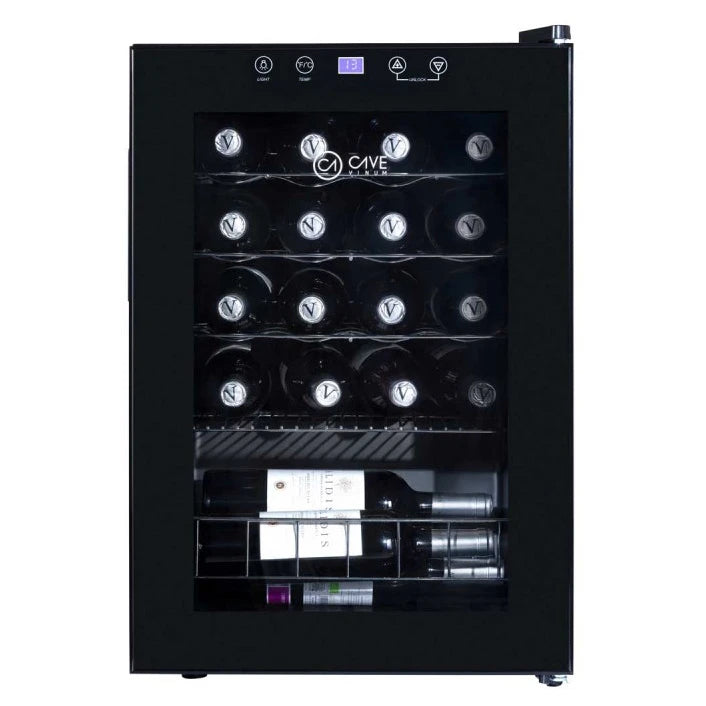 Vinoteca Cave Vinum CV-18-C de 18 botellas, libre instalación, vista frontal del modelo negro.