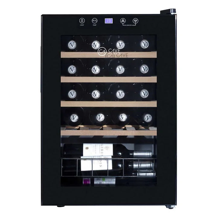Vinoteca Cave Vinum CV-18-CWS de 18 botellas, libre instalación, vista frontal del modelo negro.