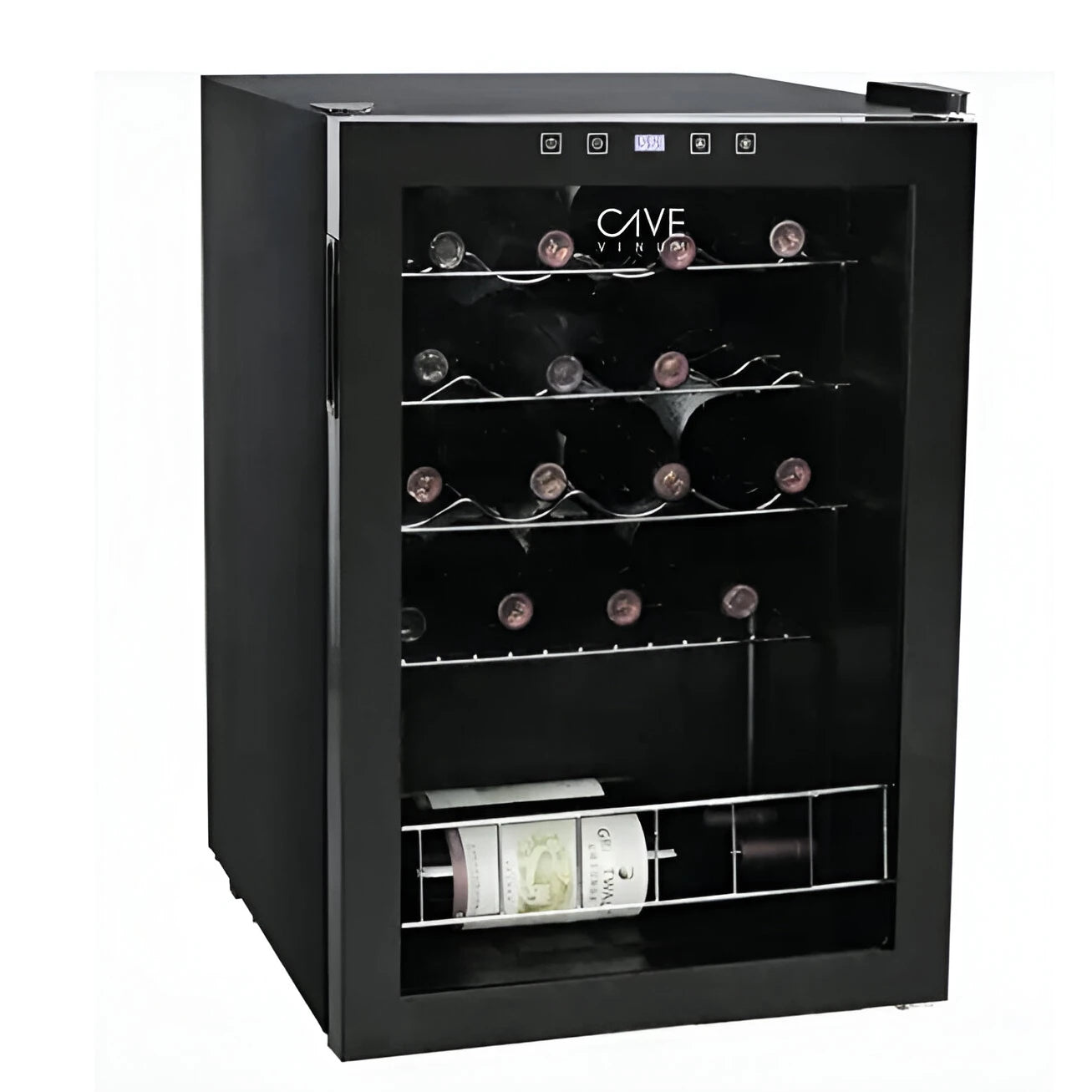 Vinoteca 18 botellas Cavevinum CV-18C compresor con puerta cerrada y llena de botellas de vino