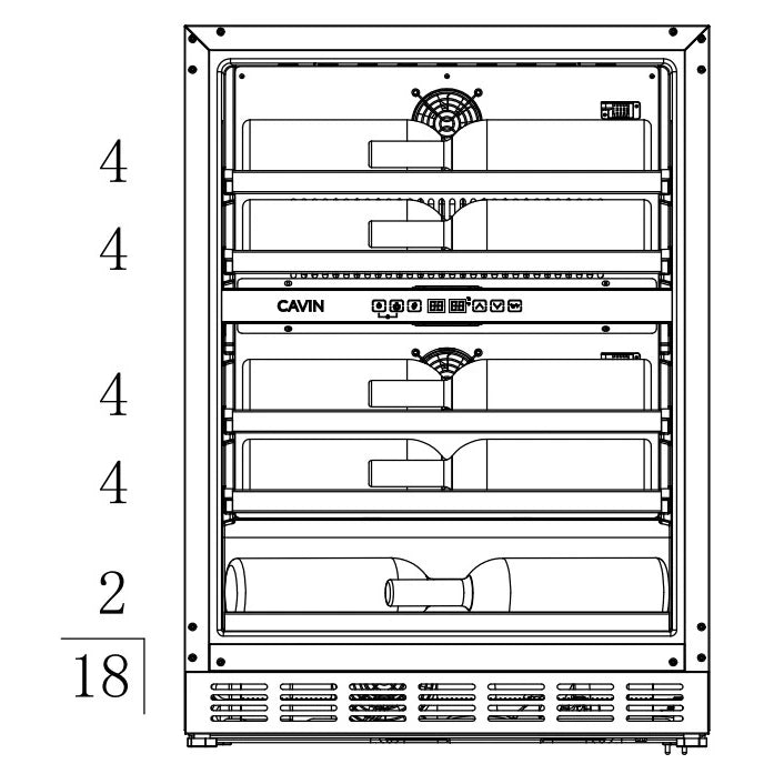 Esquema interior de la vinoteca Cavin Arctic Collection 60D Shallow que muestra la distribución de estantes y capacidad total de 18 botellas.