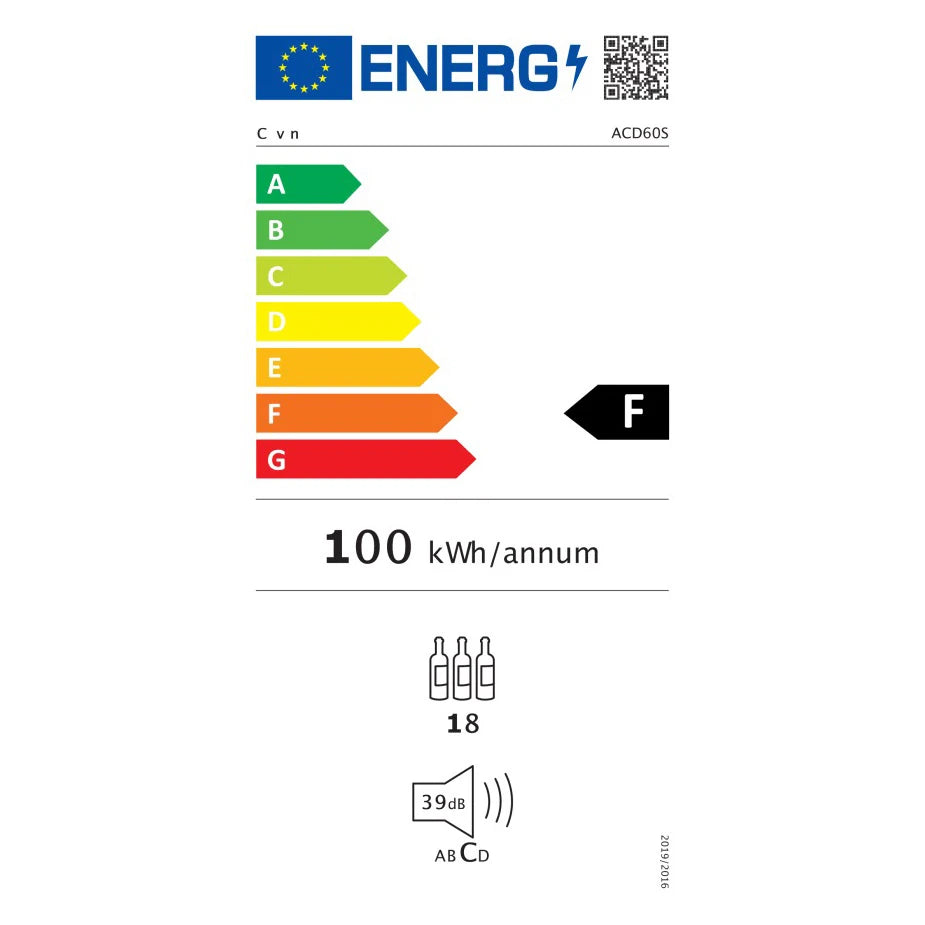 Etiqueta energética europea de vinoteca Cavin con clasificación F, consumo anual de 100 kWh, capacidad para 18 botellas y nivel sonoro de 39 dB.