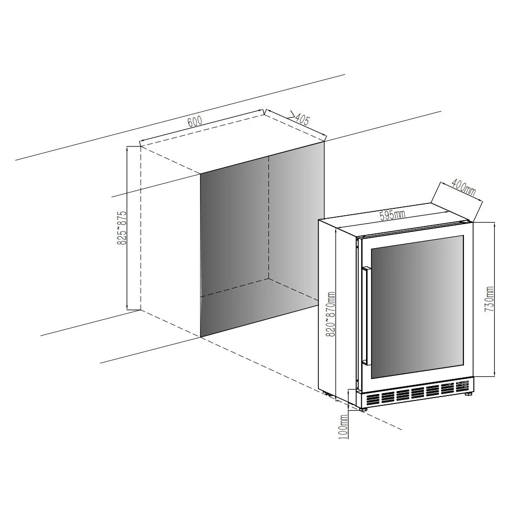 Esquema técnico de la vinoteca Cavin Arctic Collection 60D Shallow con medidas de instalación, mostrando hueco del mueble y dimensiones del aparato.