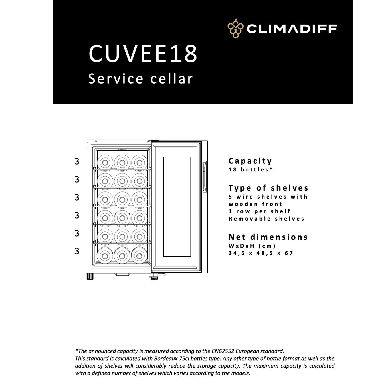 Esquema técnico de la vinoteca Climadiff CUVEE18 con capacidad para 18 botellas, cinco estantes de alambre con frente de madera y dimensiones de 34,5 x 48,5 x 67 cm.