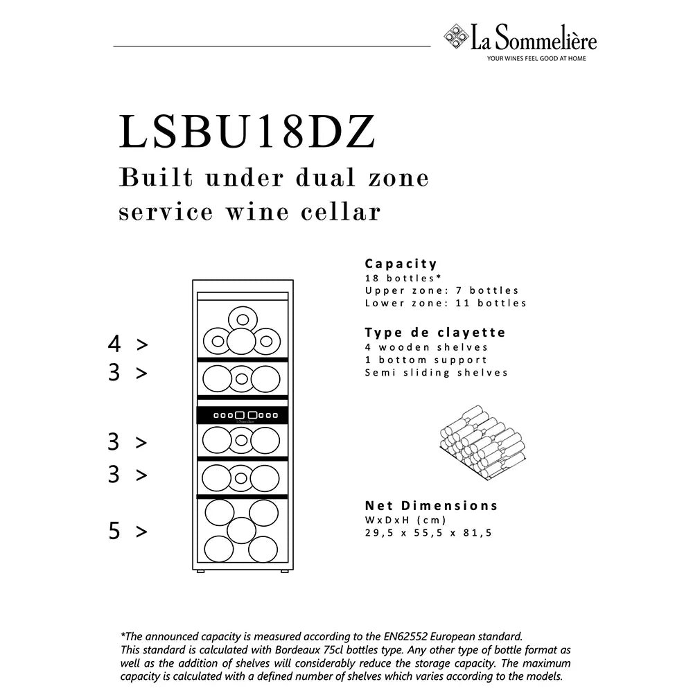 Especificaciones técnicas de la vinoteca La Sommelière LSBU18DZ, con capacidad para 18 botellas distribuidas en dos zonas térmicas, con 4 estantes de madera y soporte inferior.