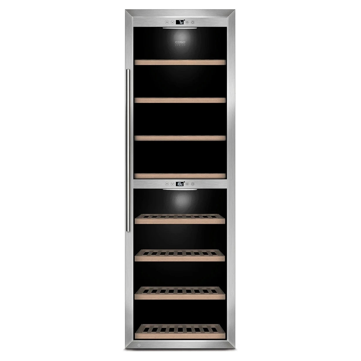 Vinoteca Caso Design WineComfort 180 Smart de 180 botellas, doble zona, vista frontal del equipo.