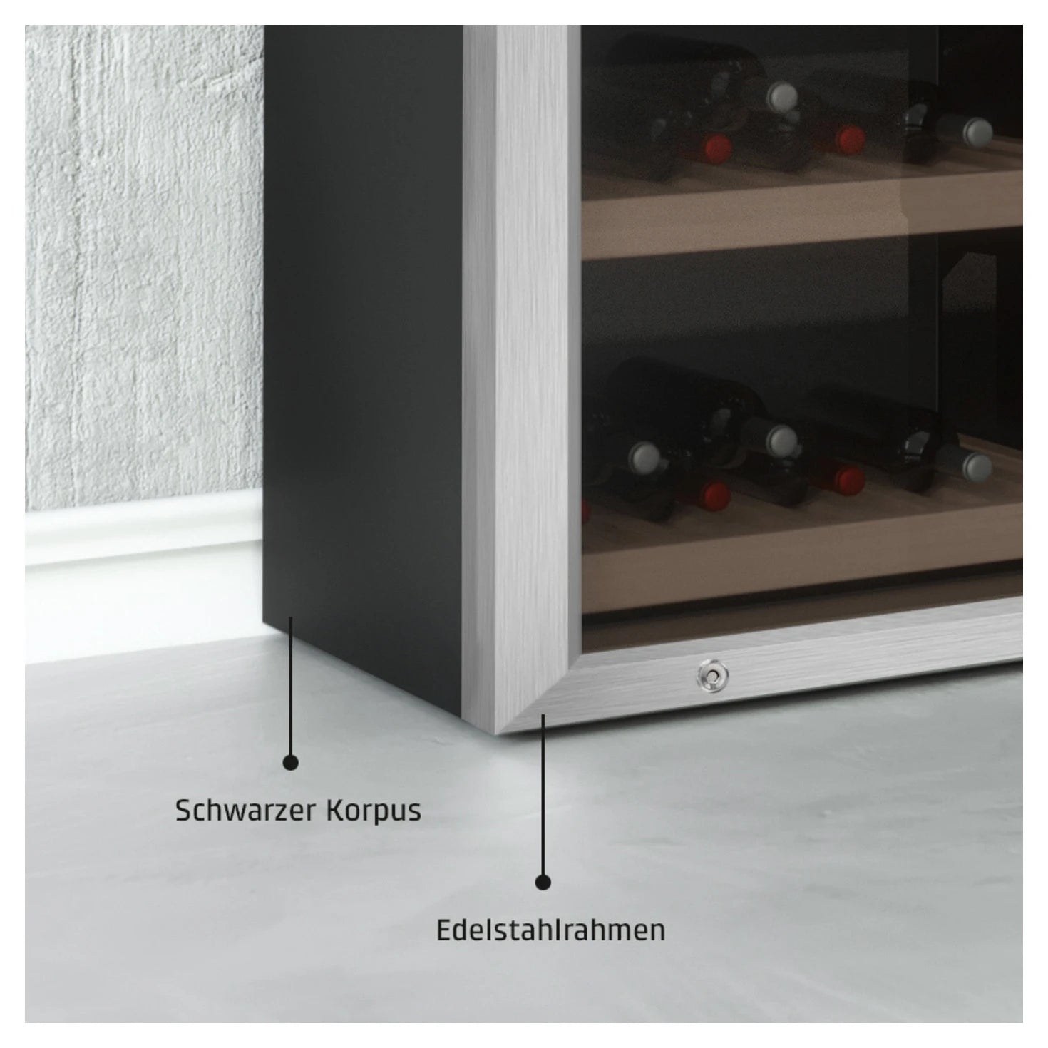 Vinoteca Caso Design WineComfort 180 Smart de 180 botellas, doble zona, detalle del panel y diseño exterior.