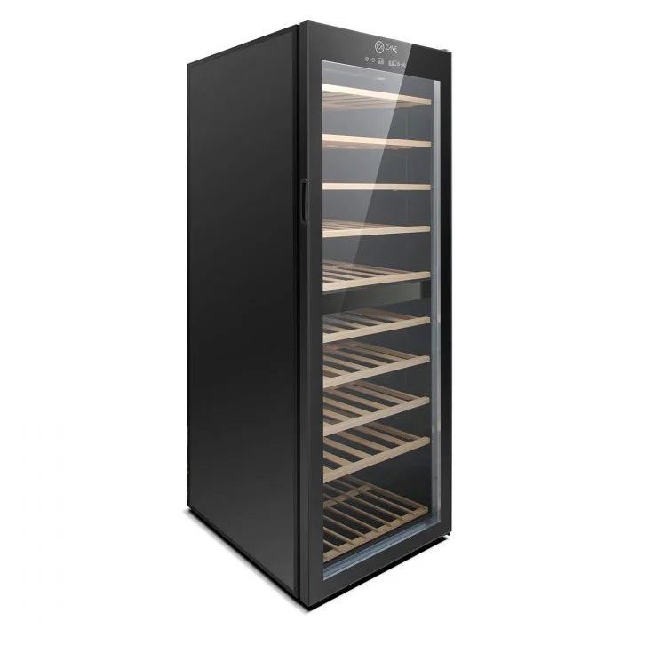 Cave Vinum CV-180-N-2T, vinoteca de 180 botellas, vista lateral del modelo negro.