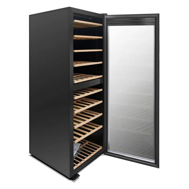 Vinoteca Cave Vinum CV-180-N-2T de 180 botellas, doble zona, detalle del interior.