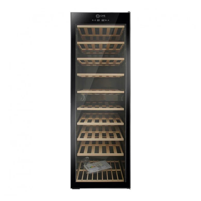 Cave Vinum CV-180-N-2T, vinoteca de 180 botellas, interior con botellas en bandejas.