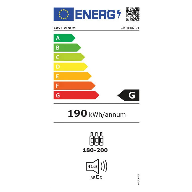 Etiqueta energética de la vinoteca Cave Vinum CV-180-N-2T de 180 botellas, doble zona, clase G y consumo anual de 190 kWh.