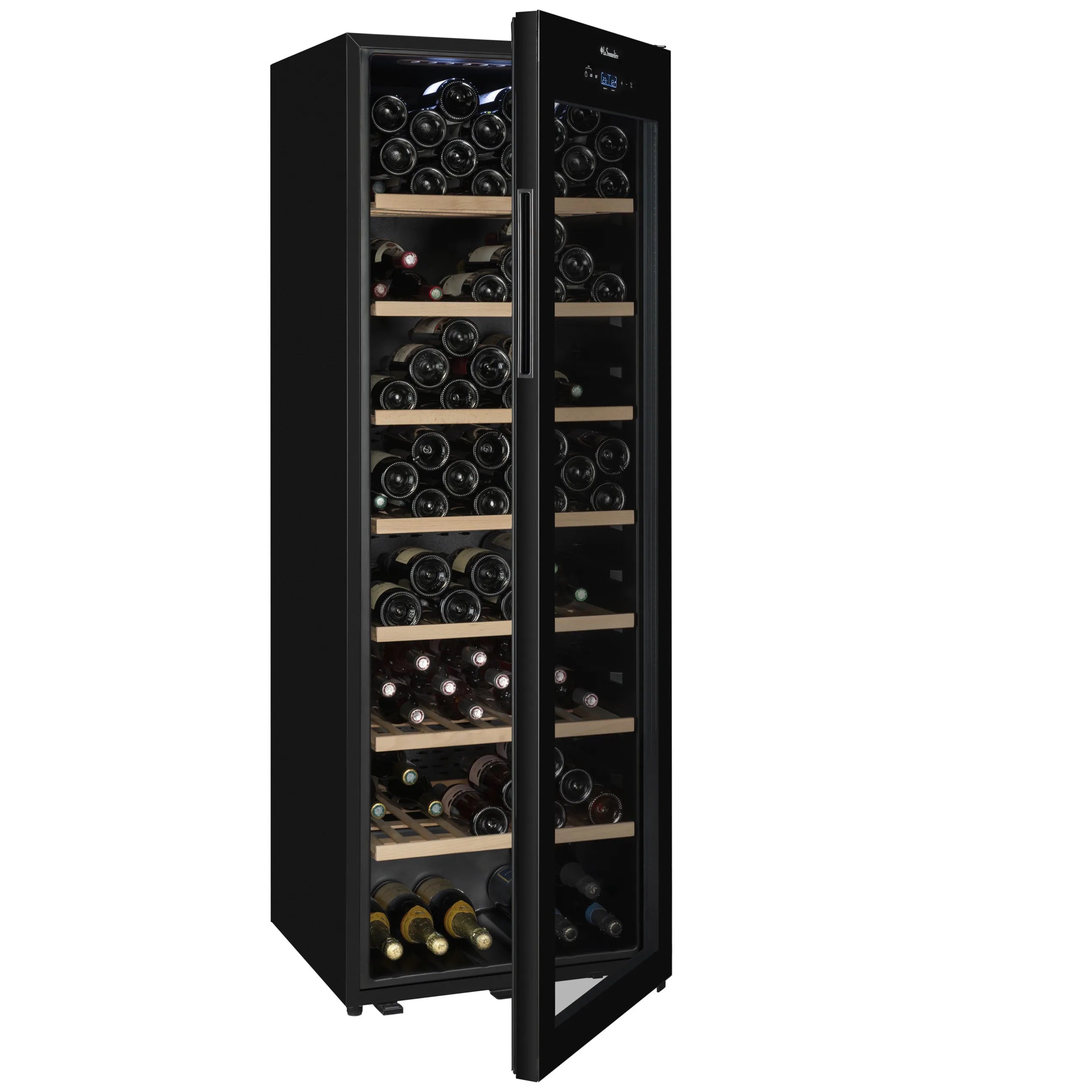 Vinoteca vertical La Sommelière CLASSIC185 de color negro con puerta de cristal y capacidad para 185 botellas, equipada con estantes de madera y control digital de temperatura en la parte superior.