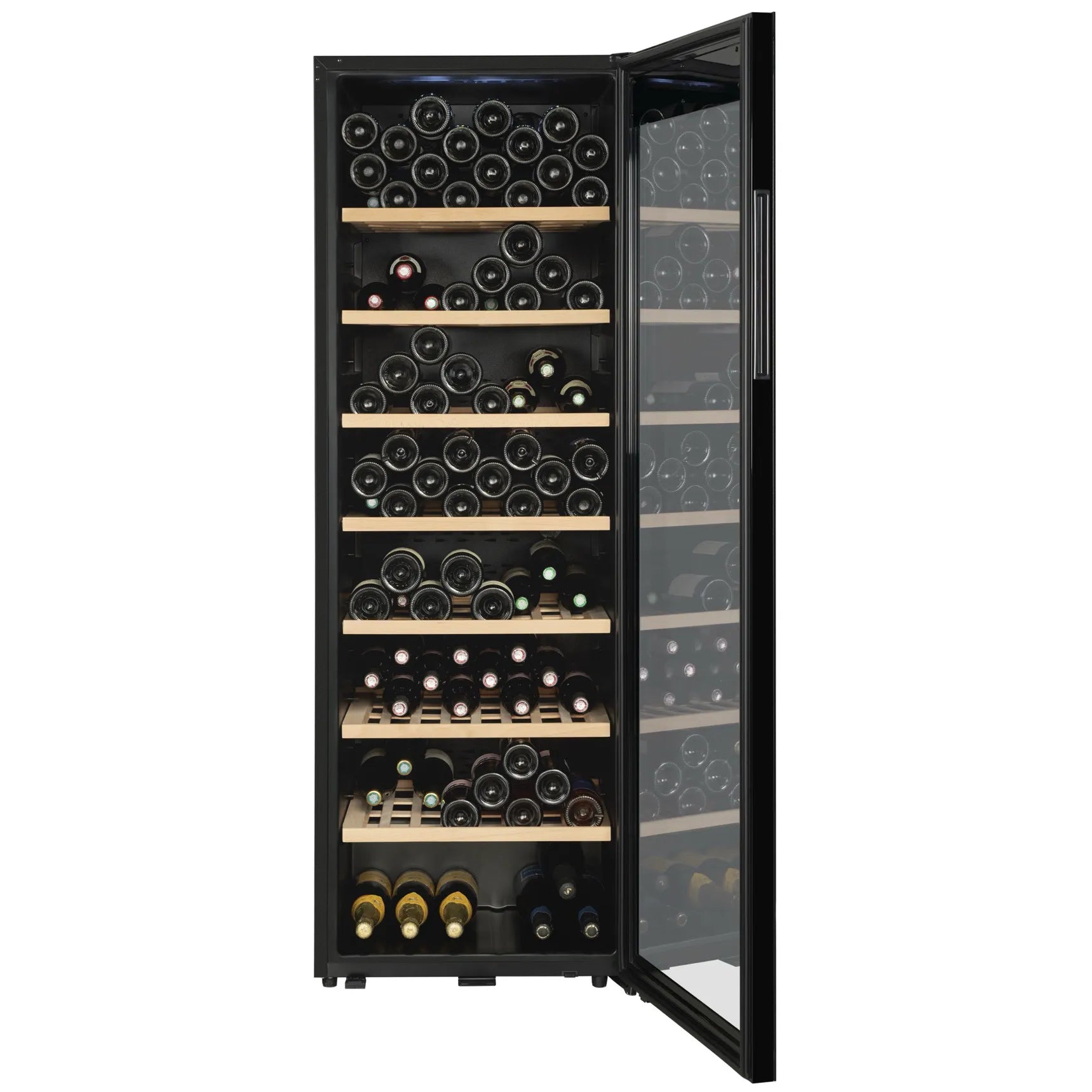 Vinoteca La Sommeliere CLASSIC185 de 185 botellas, detalle de la puerta de cristal y estantes interiores.