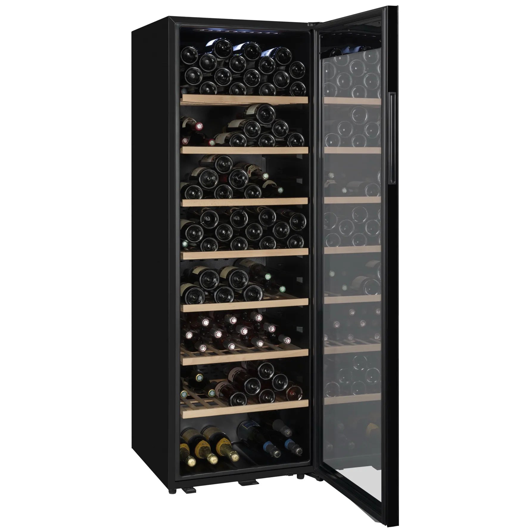 Vinoteca La Sommeliere CLASSIC185 de 185 botellas, vista frontal con puerta de cristal y acabado negro.