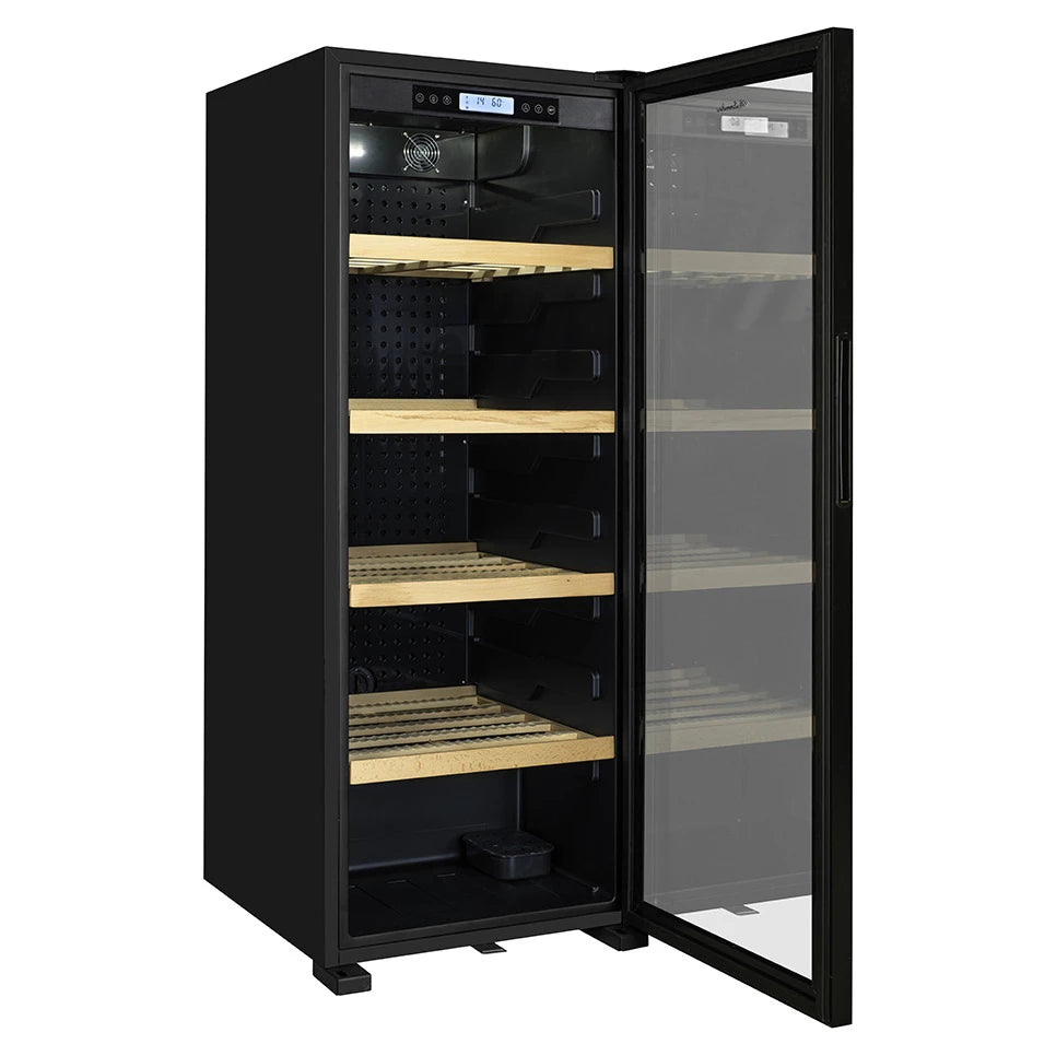 Vinoteca La Sommelière CLASSIC194 vista lateral izquierda con puerta abierta e interior vacío con estantes de madera