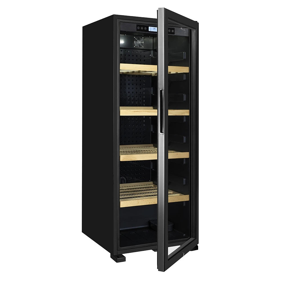Vinoteca La Sommelière CLASSIC194 vista lateral derecha con puerta abierta e interior vacío con estantes de madera