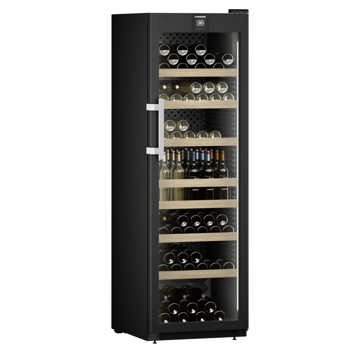Vinoteca Liebherr GrandCru Perfection 188 botellas WFbli 5241 vista lateral con puerta cerrada y llena de botellas de vino