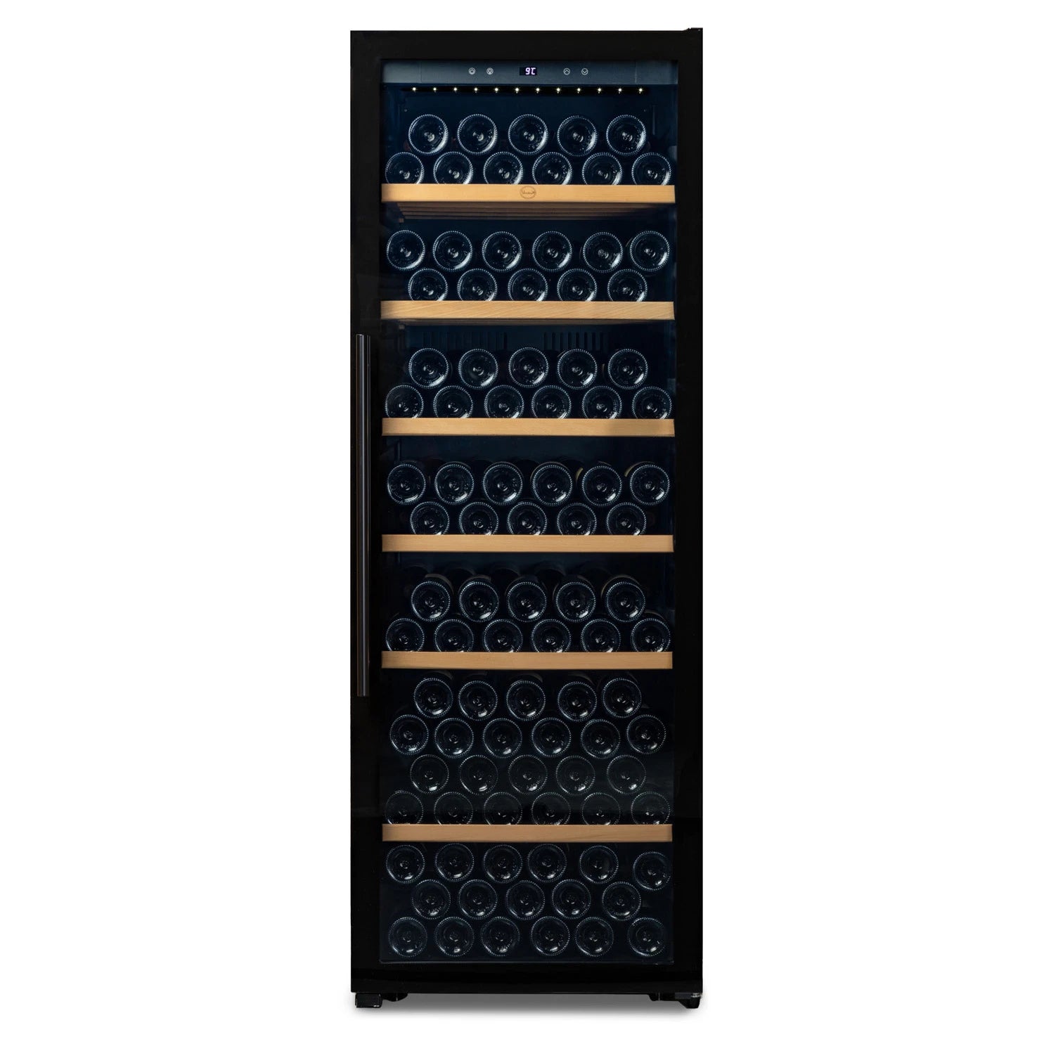 Vinoteca 192 botellas Vinobox V190 PRO vista frontal con puerta cerrada y llena de botellas de vino