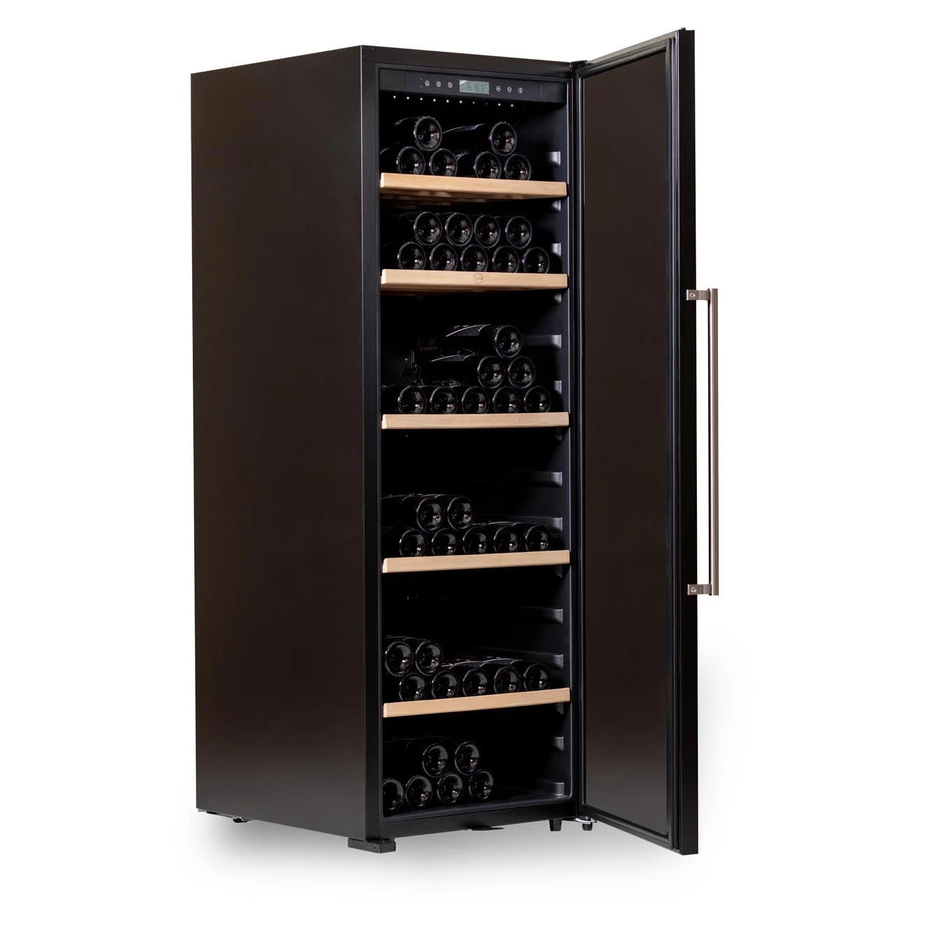Vinoteca 192 botellas V192 PRO Aging vista lateral con puerta abierta y botellas de vino