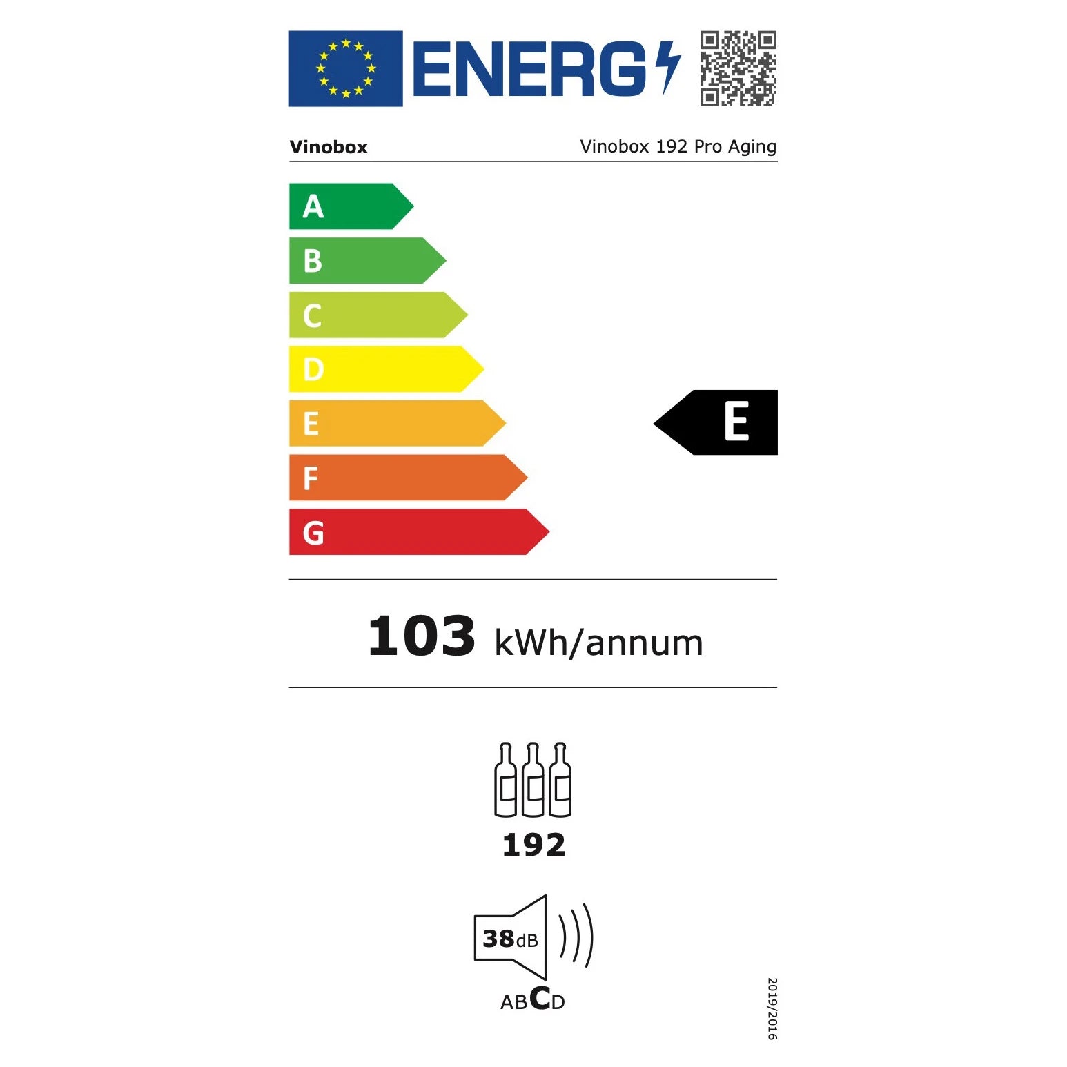 Etiqueta energetica de la vinoteca Vinobox V192 PRO Aging con clase E, 103 kWh al ano y 38 dB.