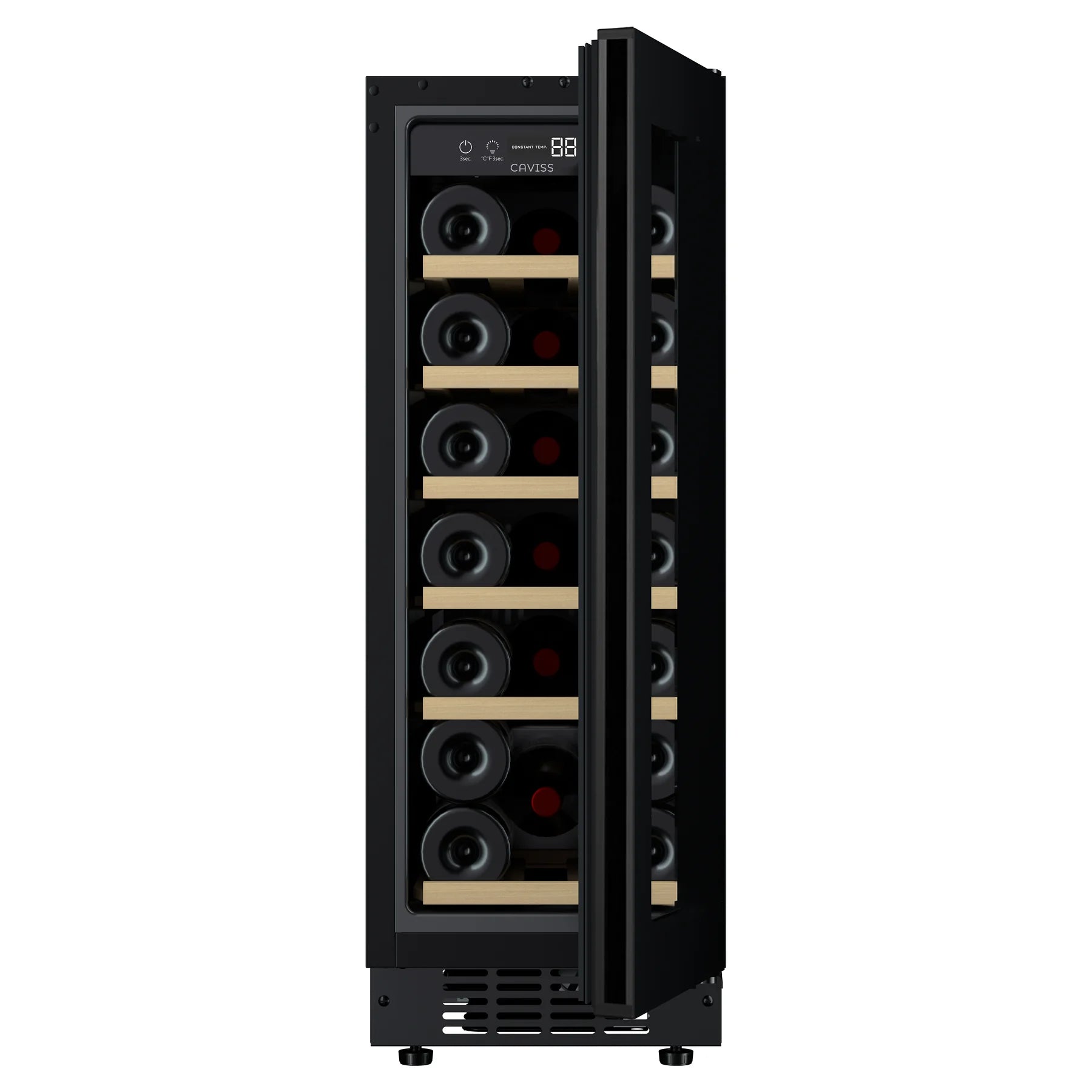 Vinoteca Caviss CT1SP20H82N30 llena de botellas, vista de tres cuartos