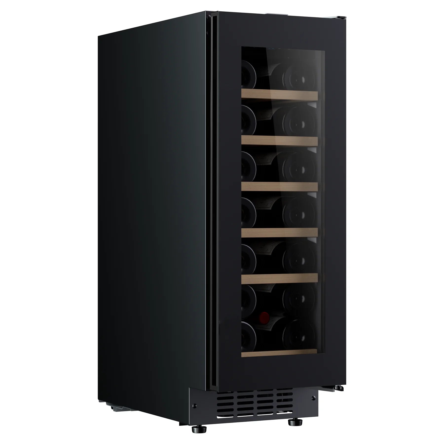 Vinoteca Caviss CT1SP20H82N30 vista de tres cuartos con la puerta de cristal negro