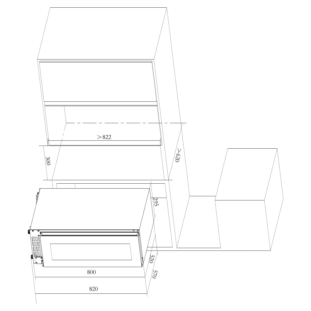 Esquema de instalación bajo encimera de la vinoteca Caviss CT1SP20H82N30