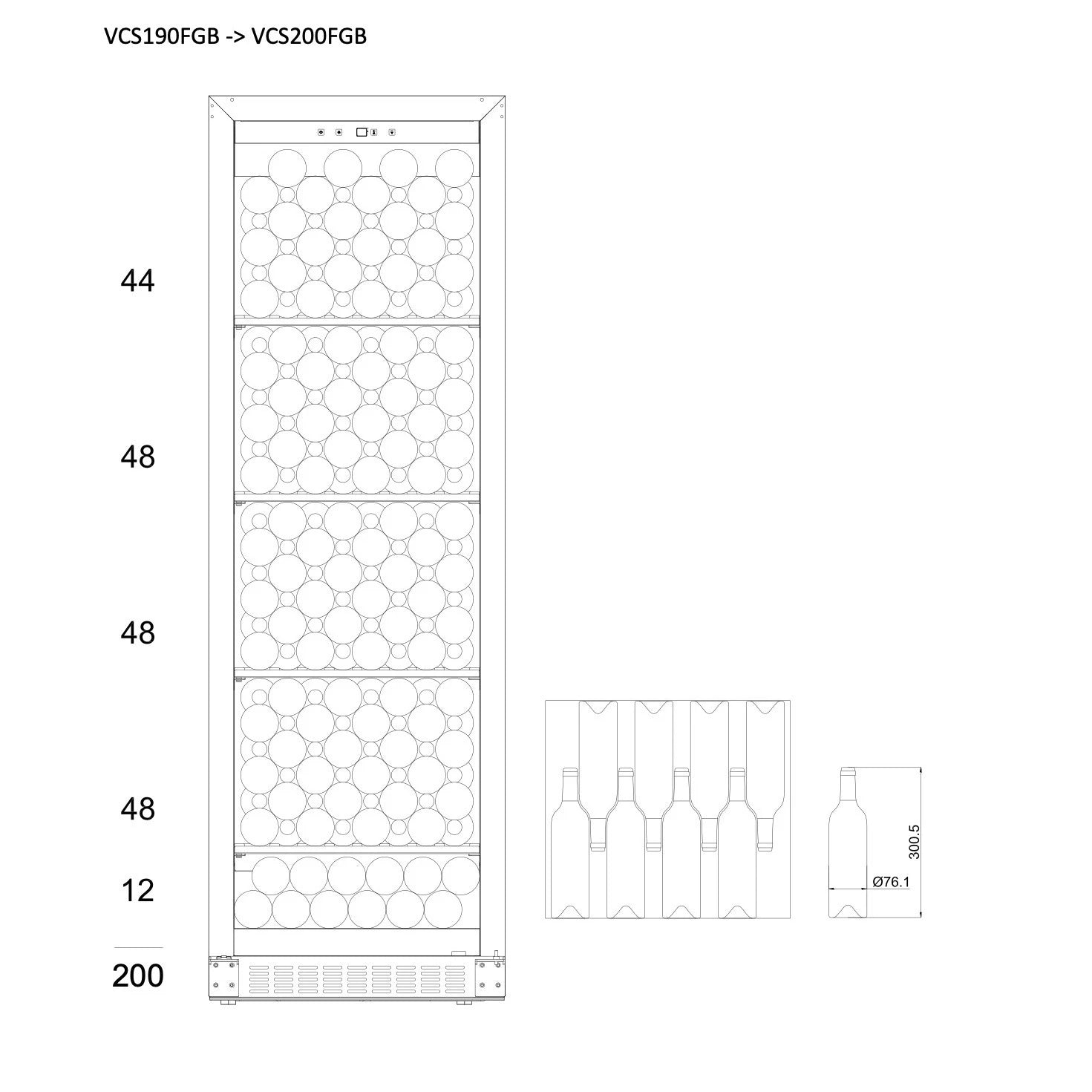 Dibujo técnico frontal de la Vinoteca 200 botellas mQuvée VELVET 125 Premium Package, mostrando la capacidad de almacenamiento distribuida en varios niveles con capacidad total de 200 botellas. A la derecha se incluye un esquema lateral con dimensiones individuales de las botellas (76,1 mm de diámetro y 300,5 mm de altura).